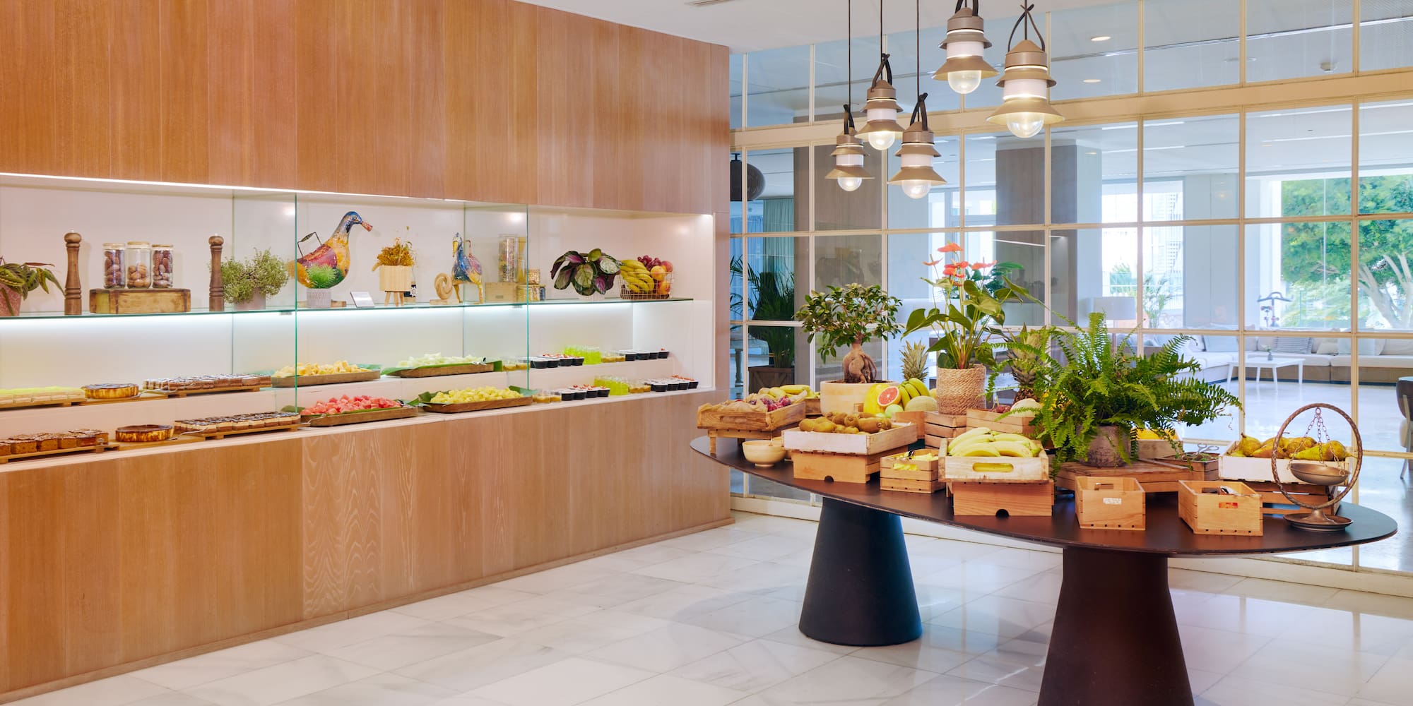 a room with a table of food