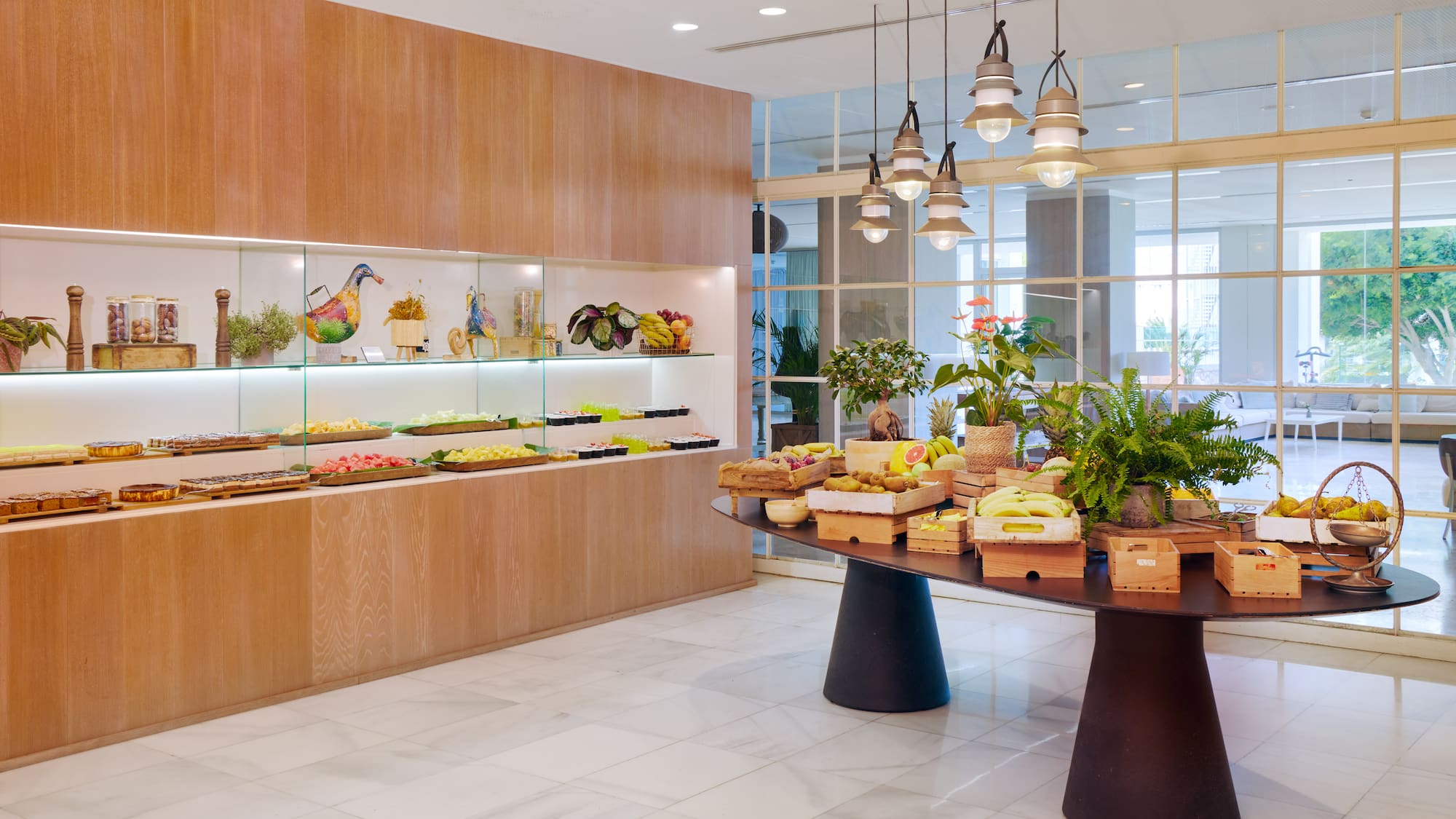 a room with a table of food