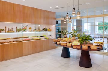 a room with a table of food