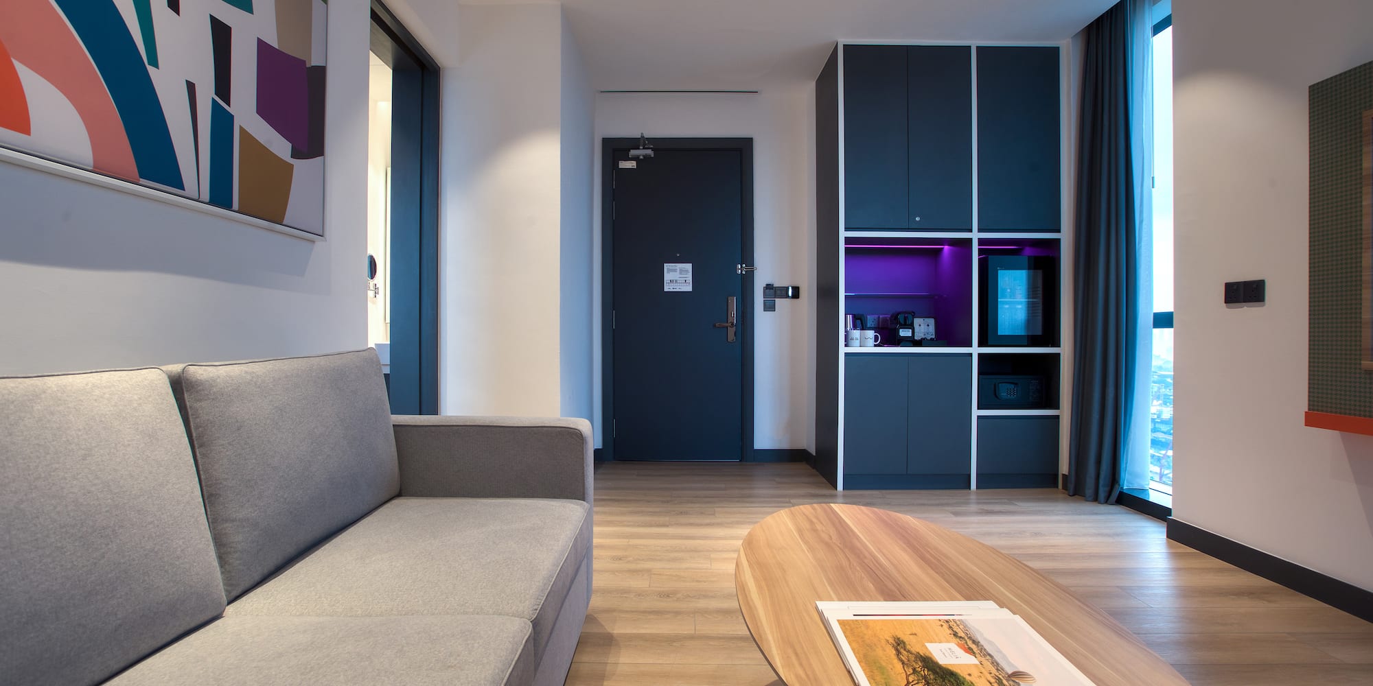 a living room with a couch and a coffee table