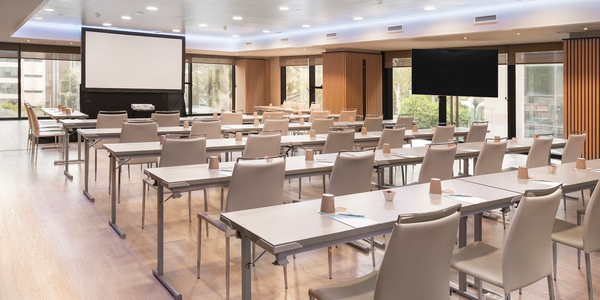 a room with tables and chairs