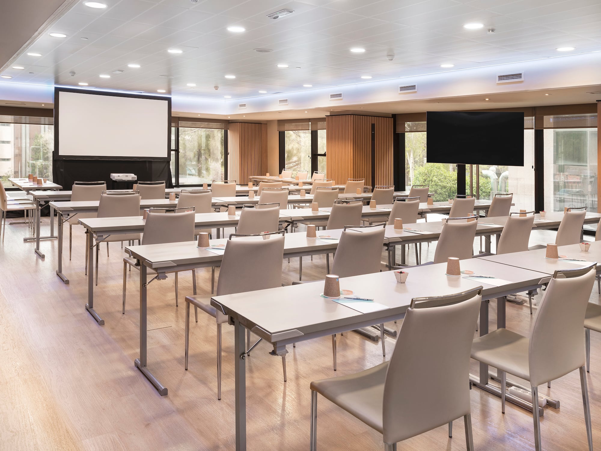 a room with tables and chairs