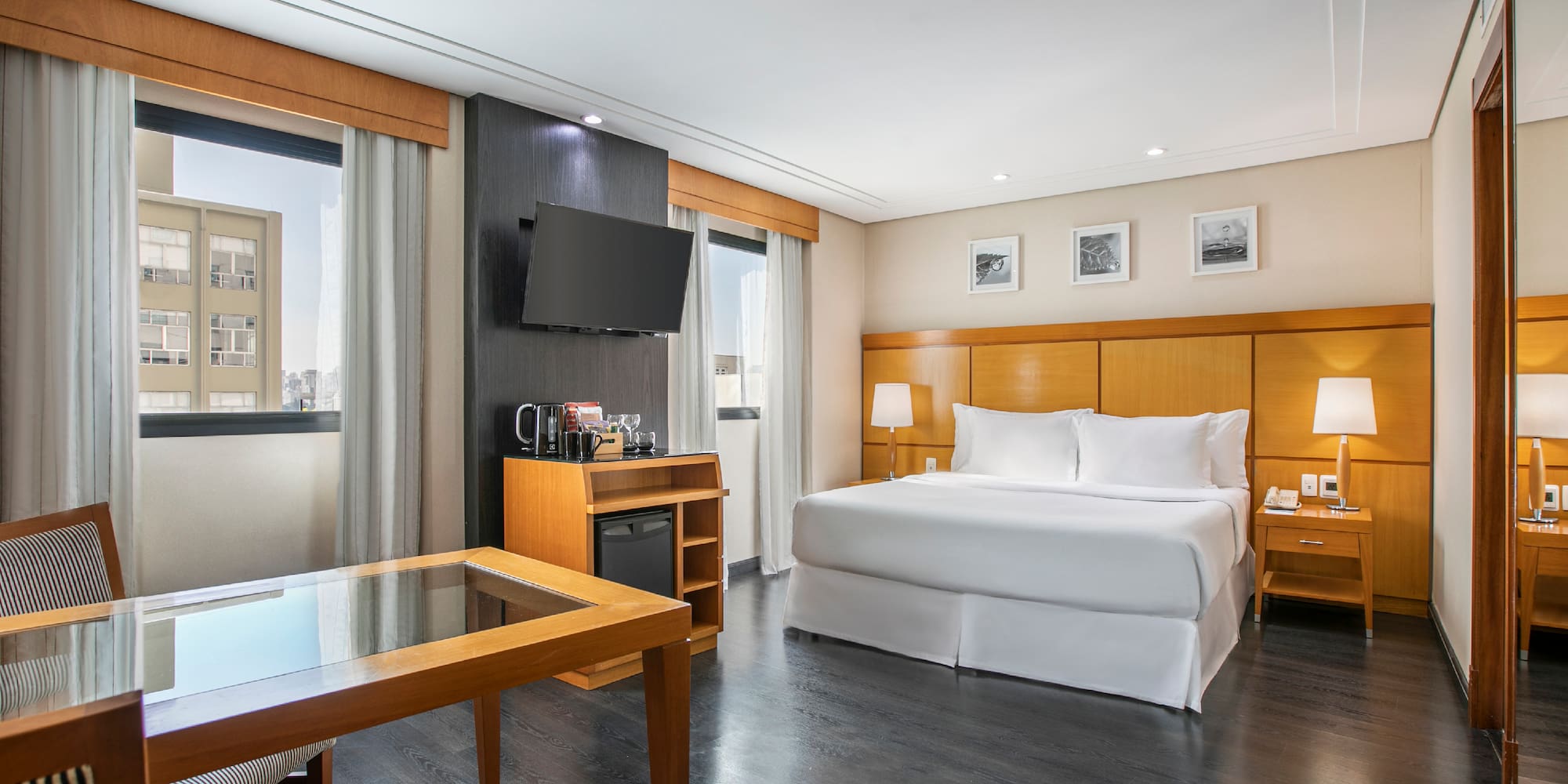 a room with a bed and a table