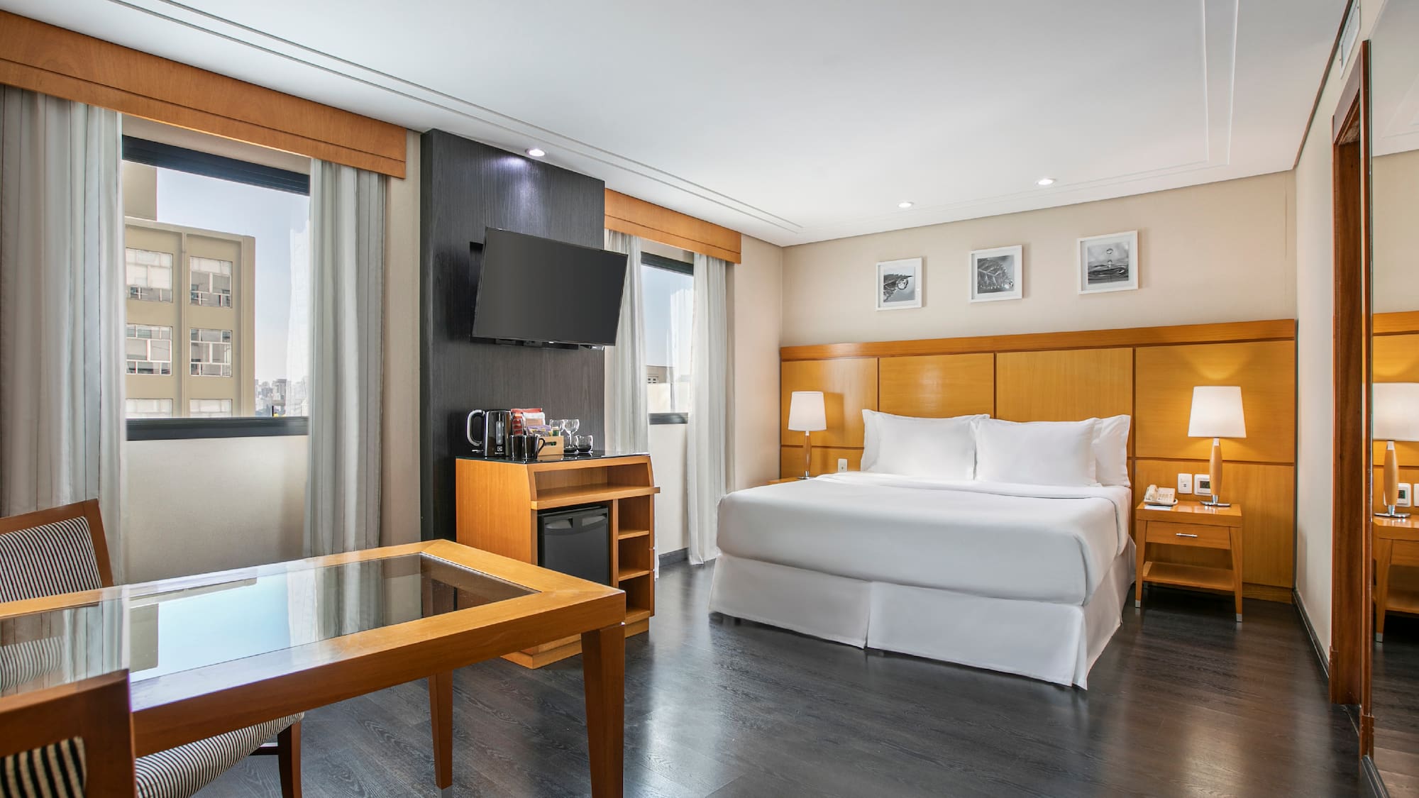 a room with a bed and a table