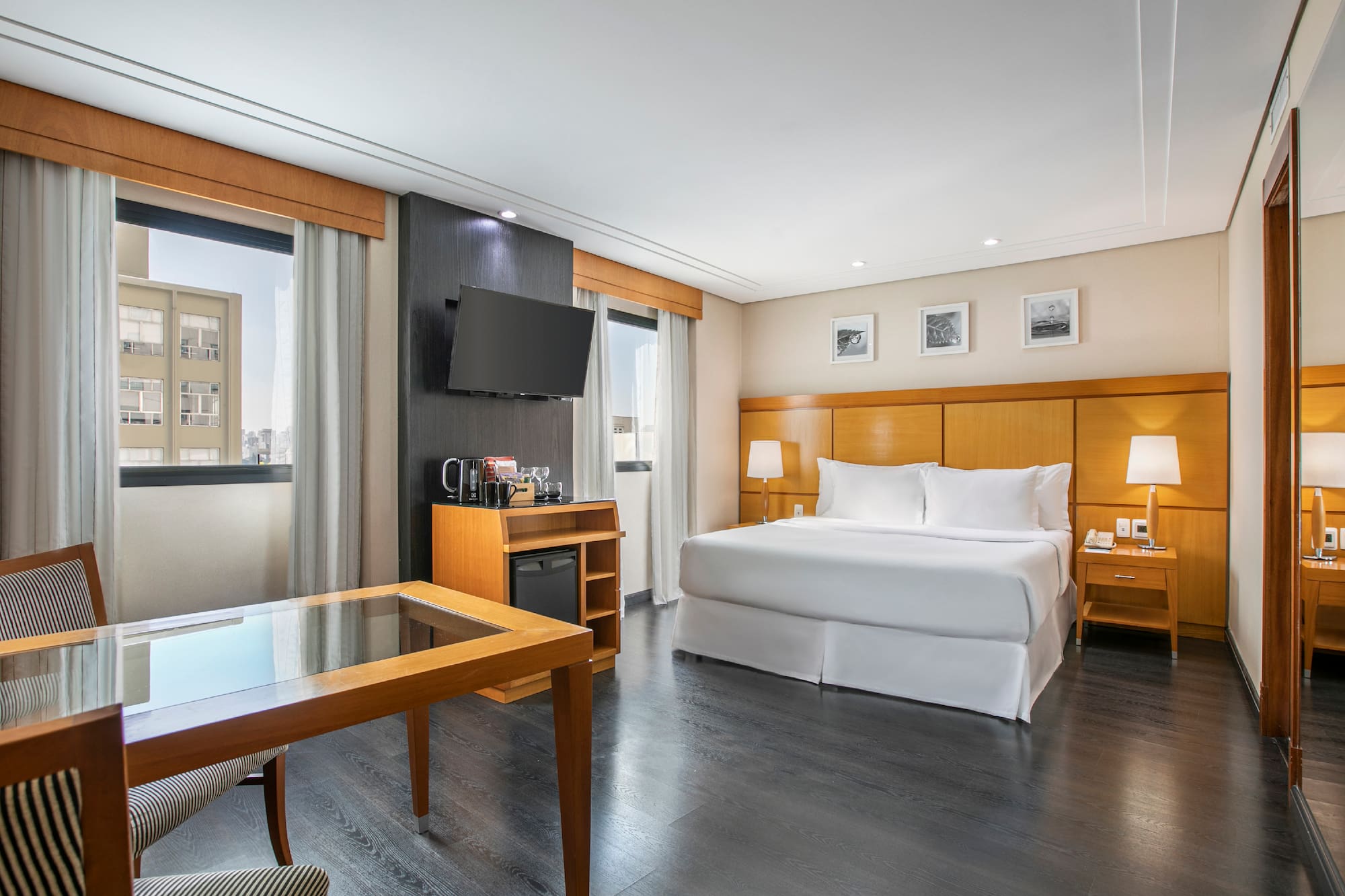 a room with a bed and a table