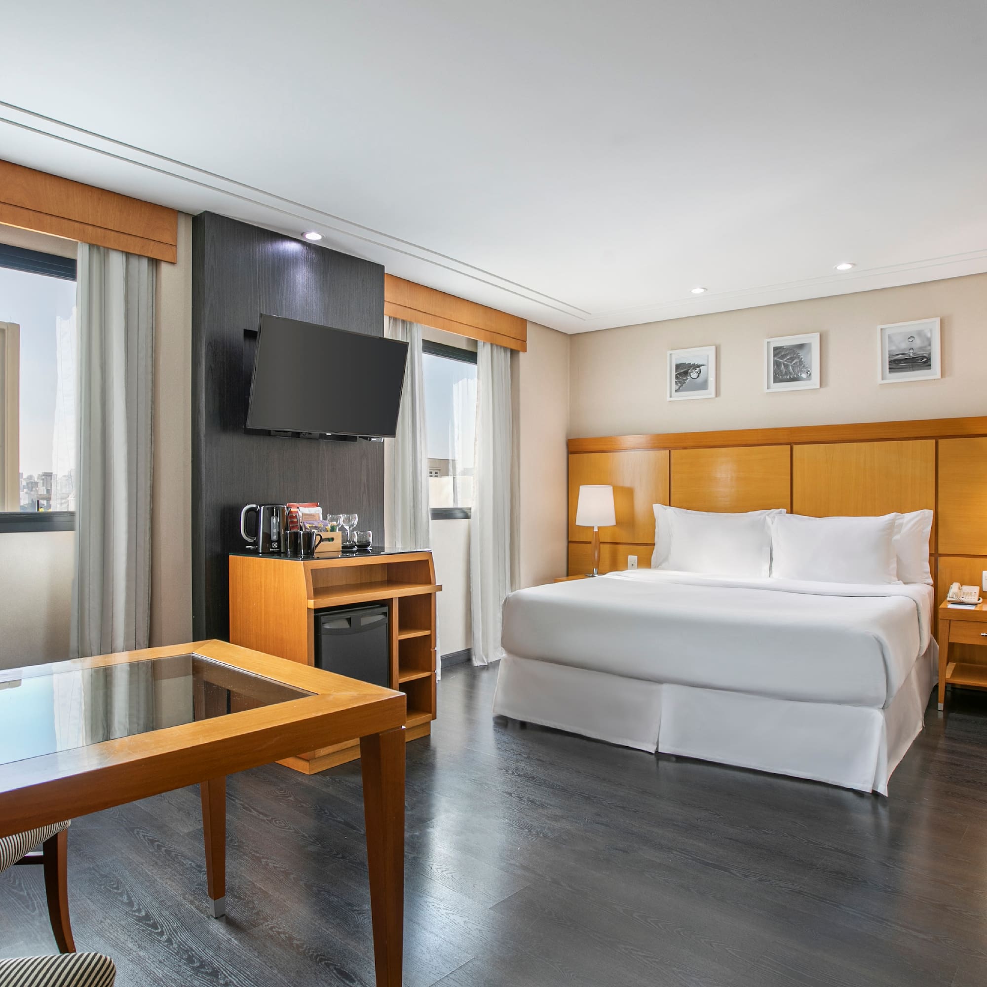 a room with a bed and a table