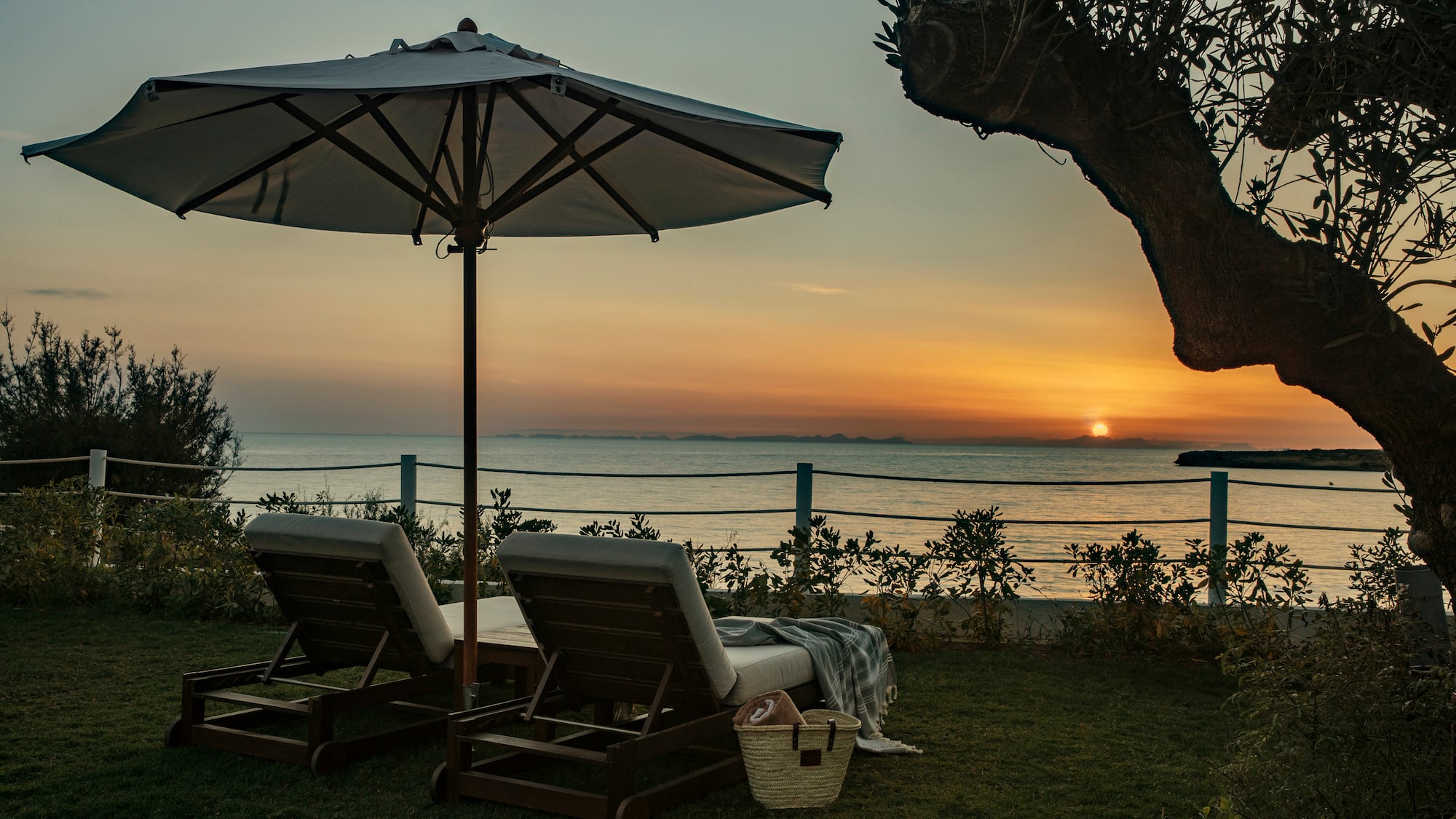 a beach chairs and umbrella on grass by a body of water