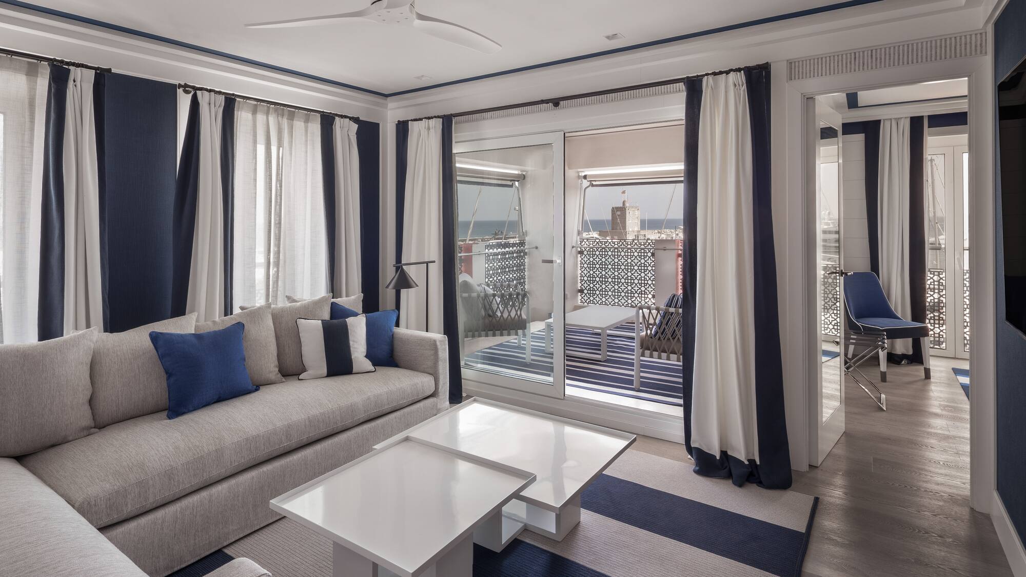 a living room with a couch and a table