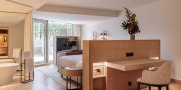 a room with a bed and a desk