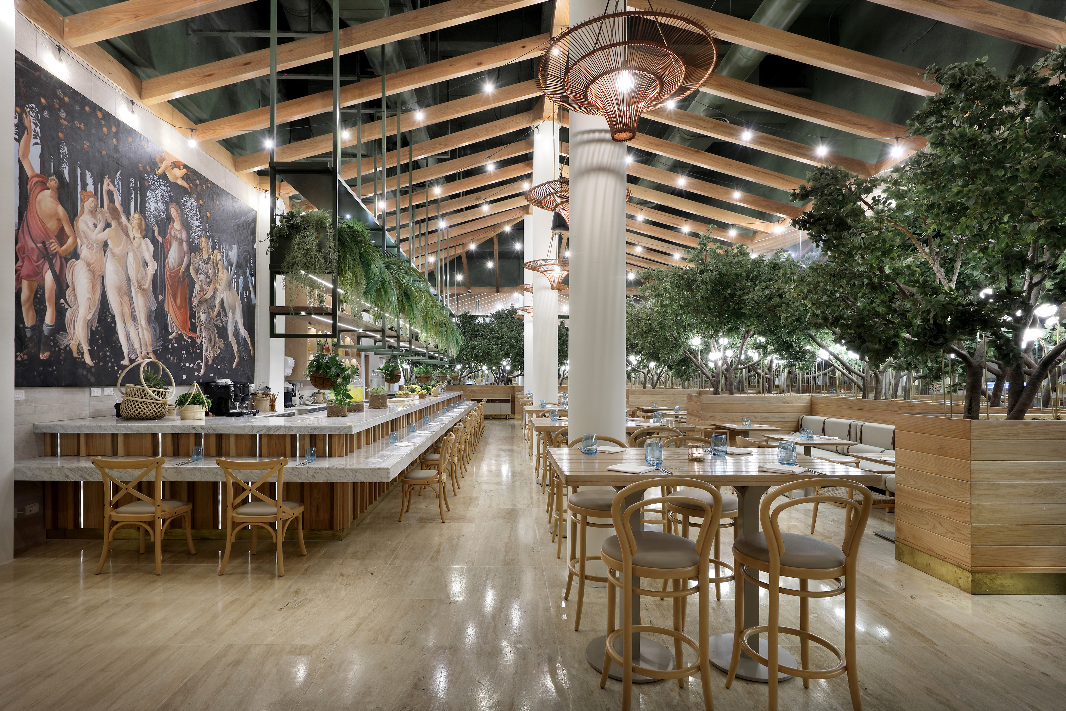 a restaurant with tables and chairs