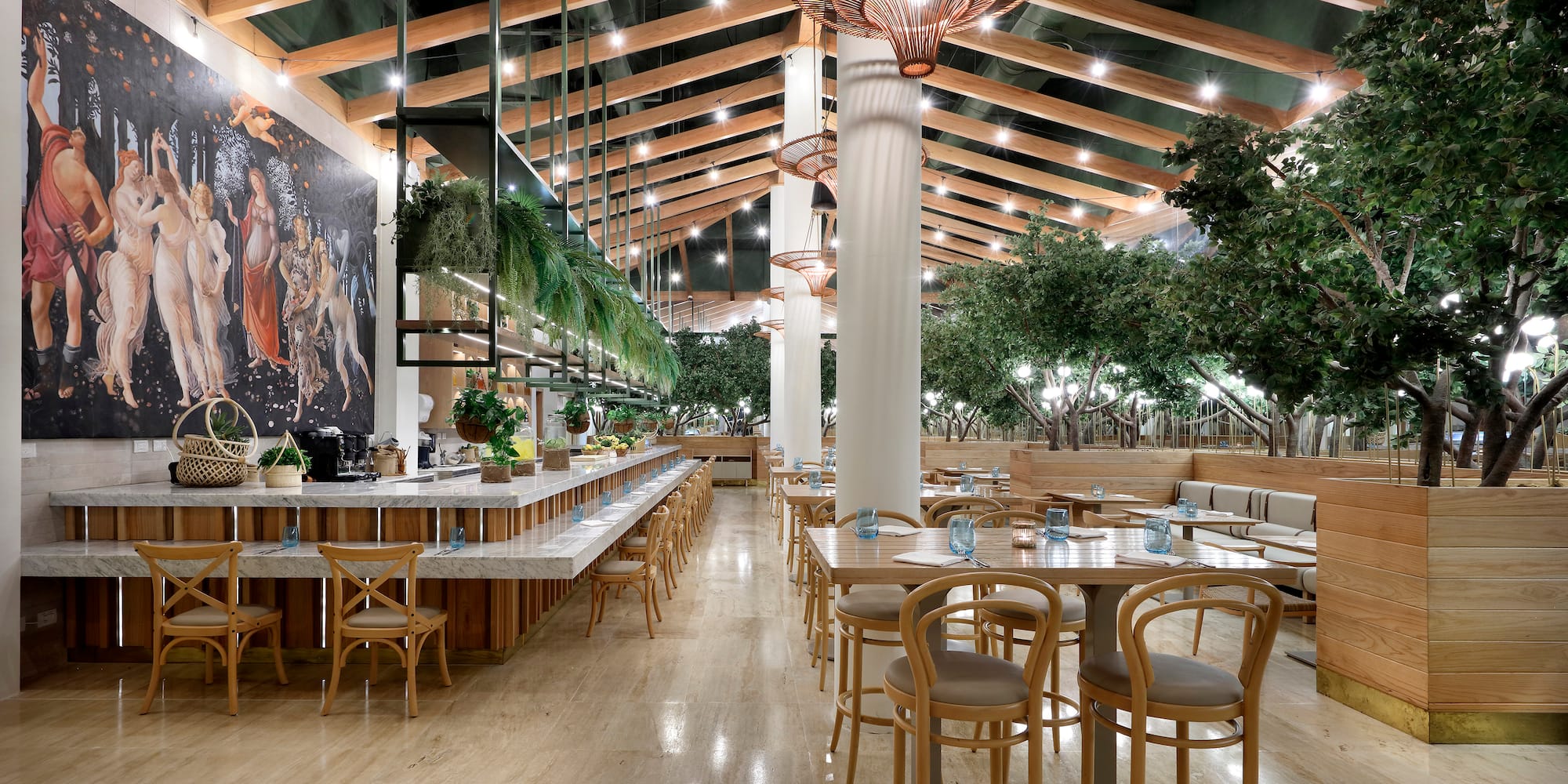 a restaurant with tables and chairs