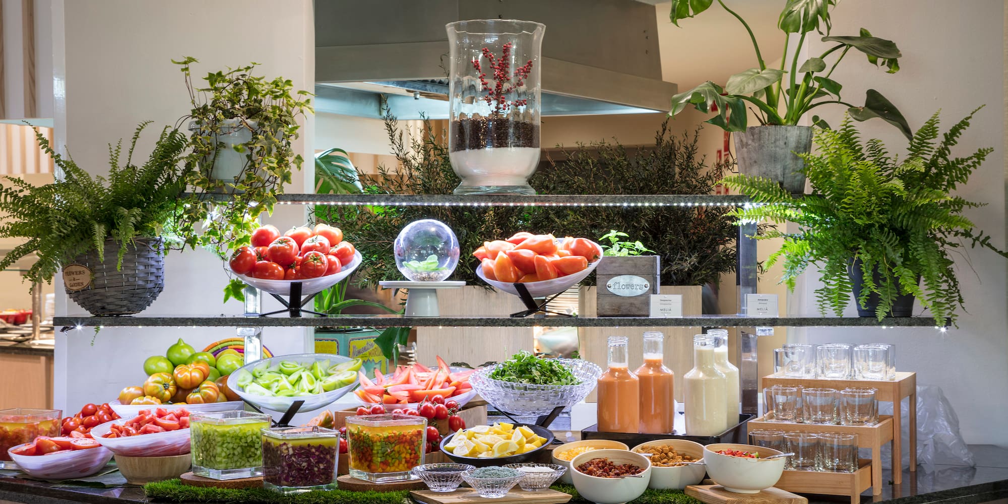 a buffet with different foods on it