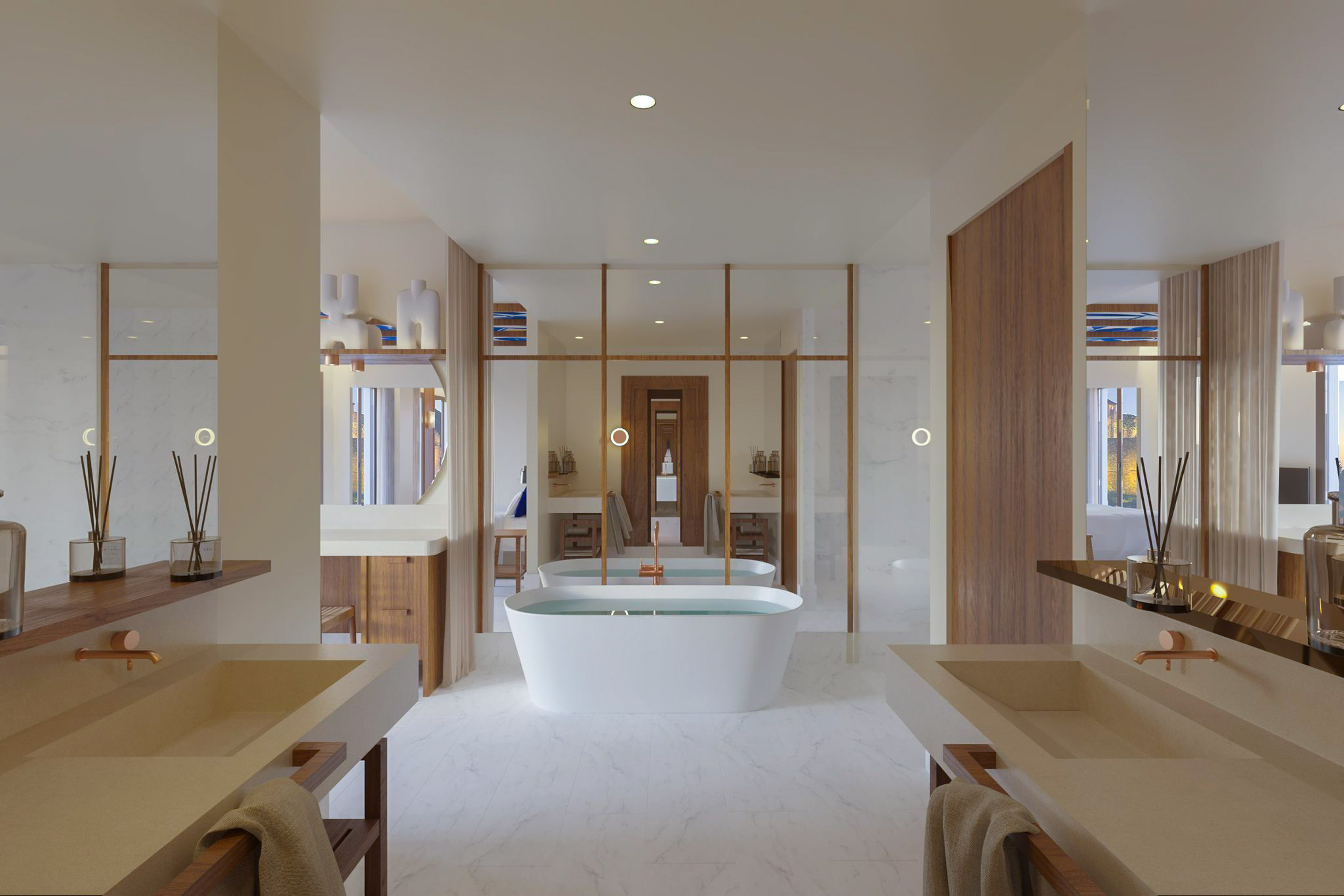 a bathroom with a tub and sinks