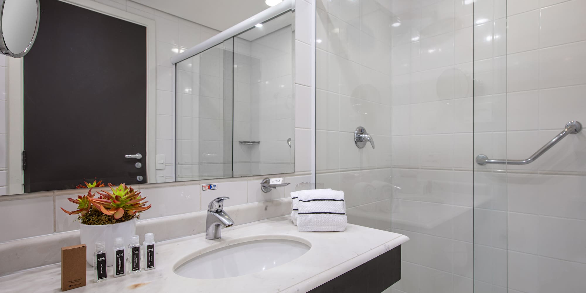 a bathroom with a shower and sink