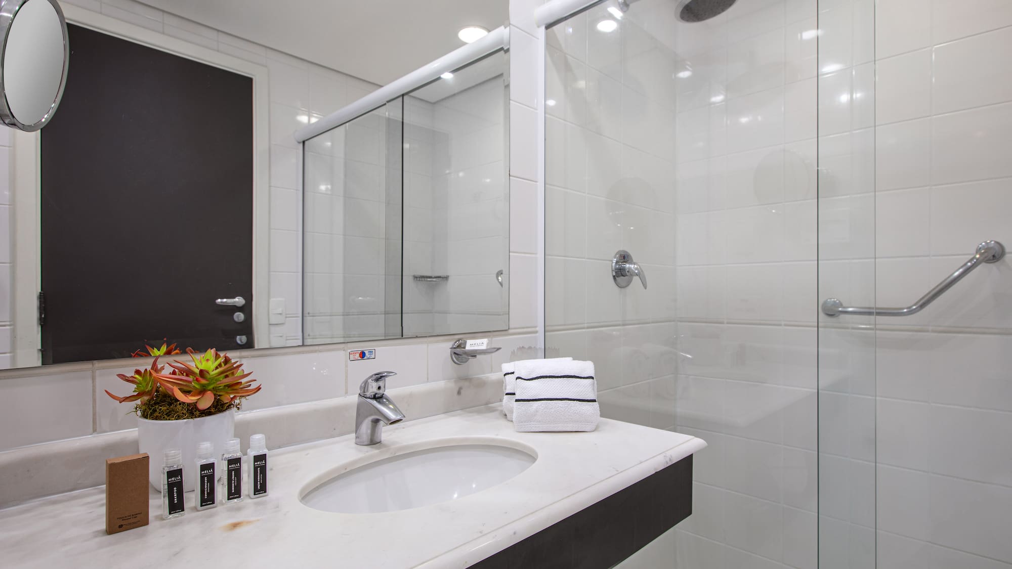 a bathroom with a shower and sink