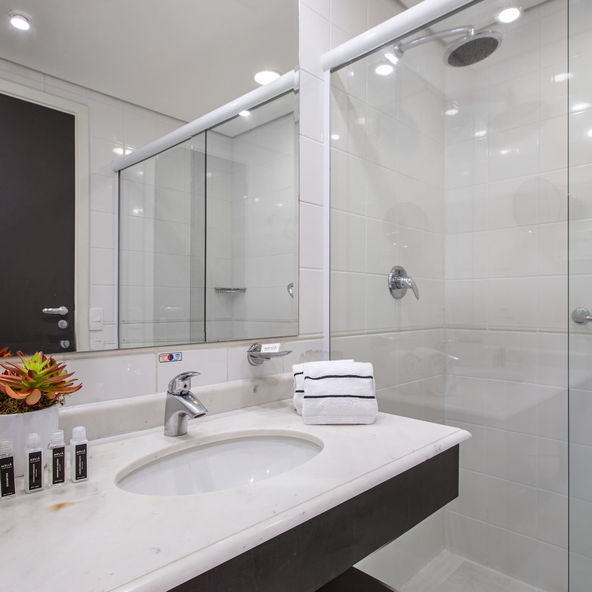 a bathroom with a shower and sink