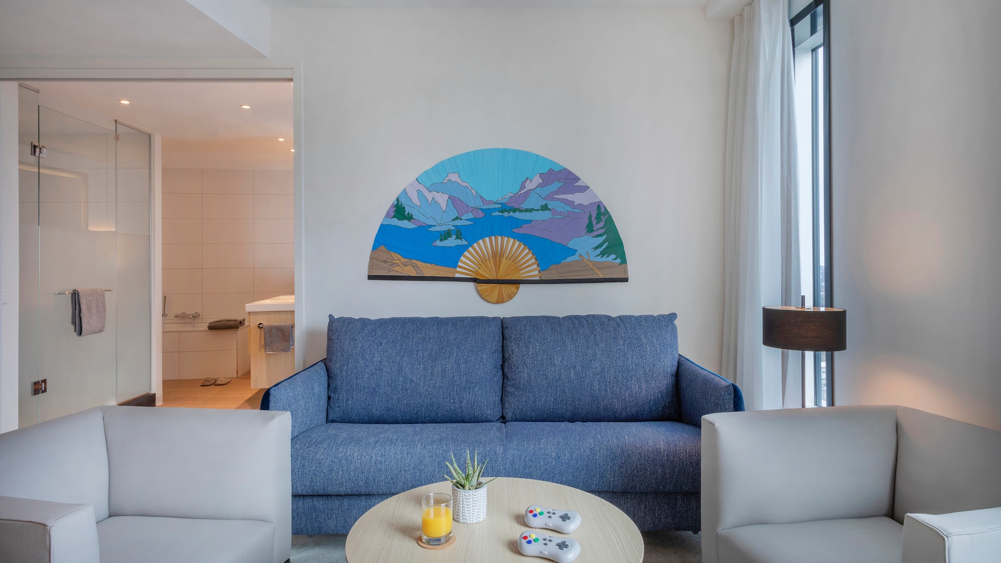 a living room with a couch and a coffee table