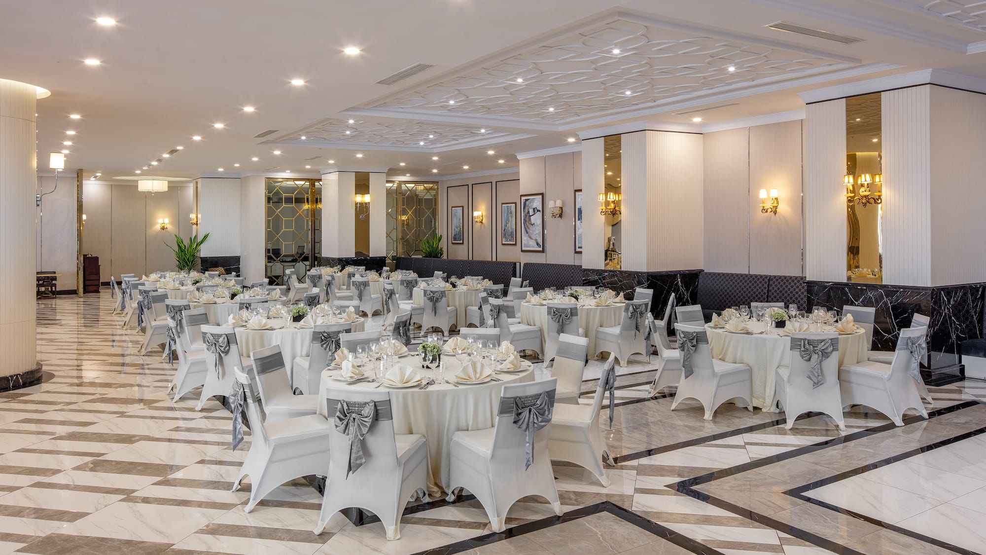 a room with tables and chairs