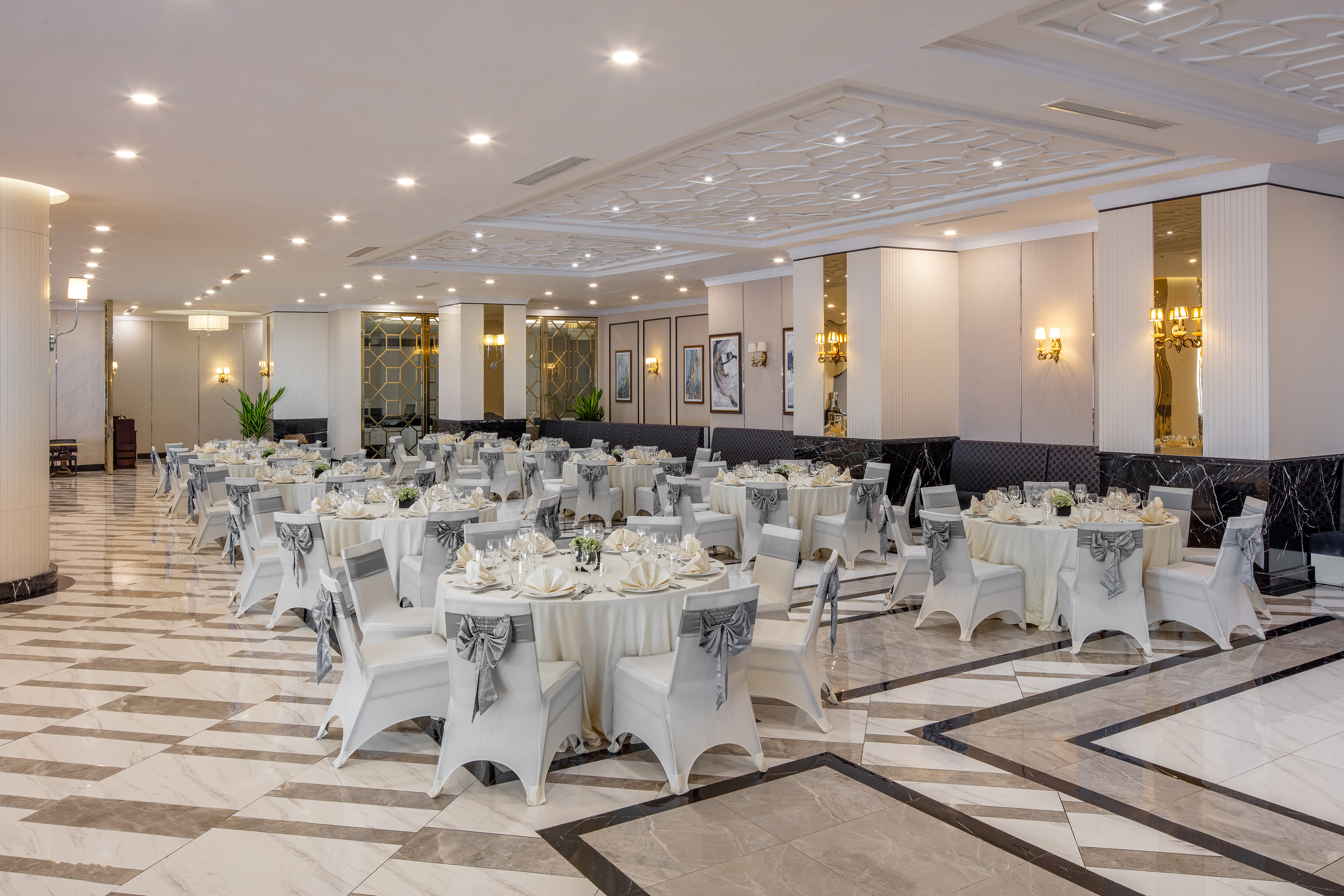 a room with tables and chairs