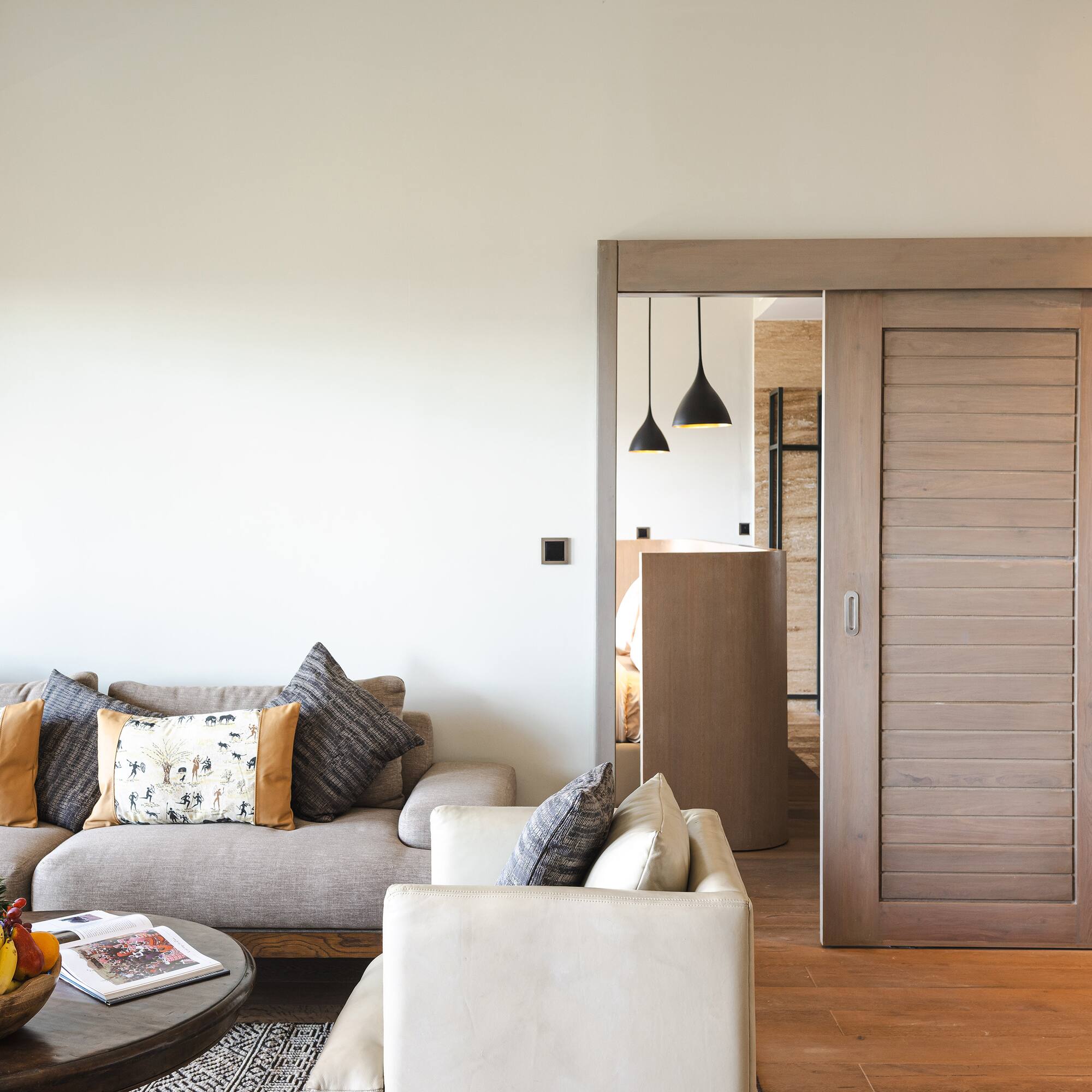 a living room with a couch and a coffee table