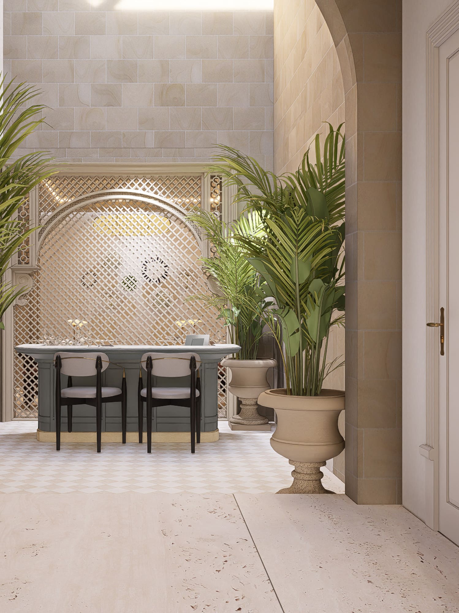 Vestíbulo elegante con arcos, plantas y barra de diseño mediterráneo.