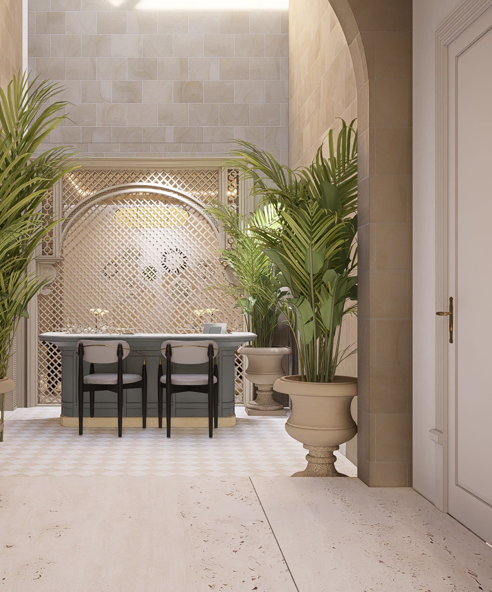 Elegant hotel lounge with bar, potted palms, and arched stone interior.