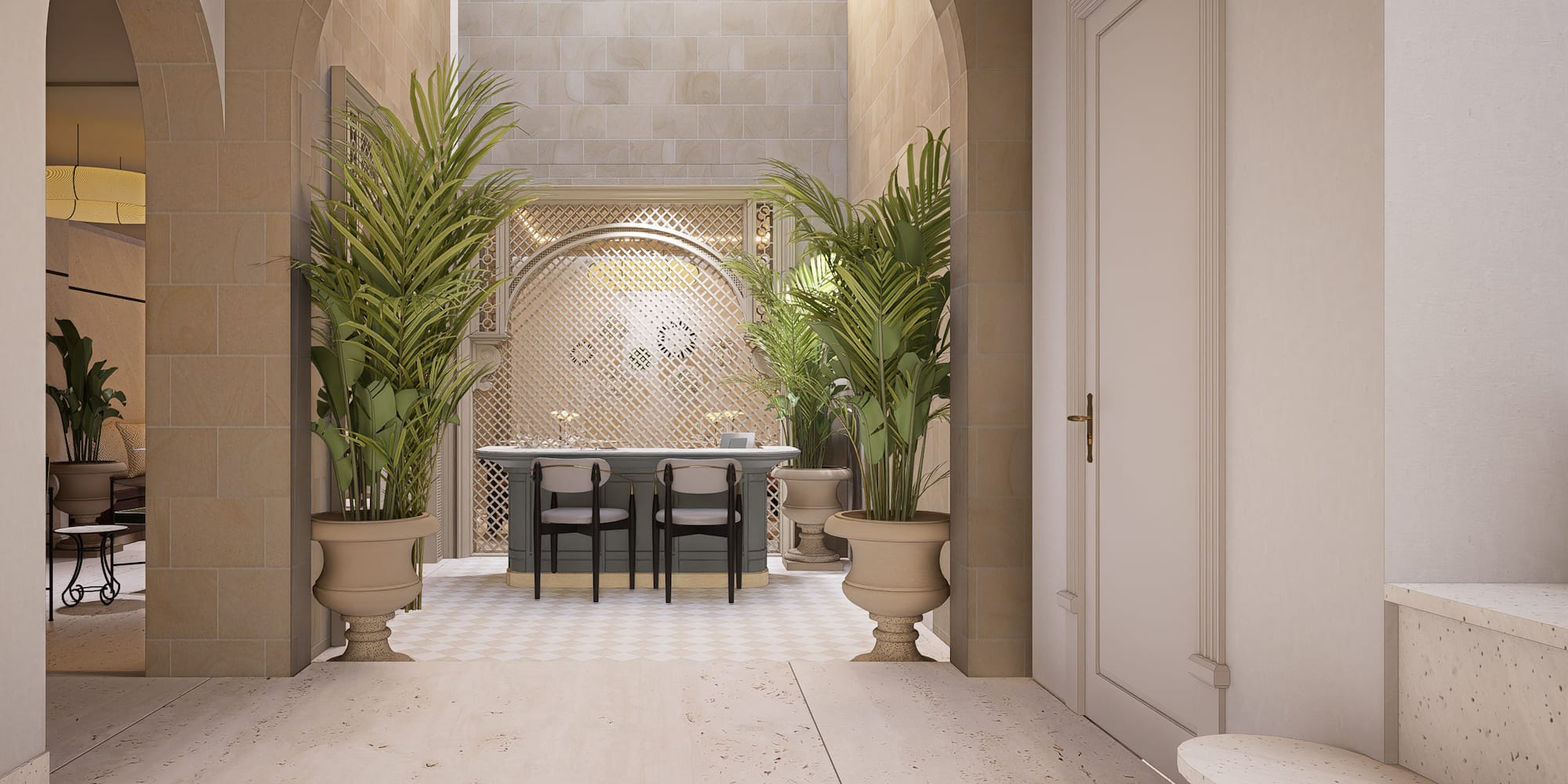 Vestíbulo elegante con arcos, plantas y barra de diseño mediterráneo.