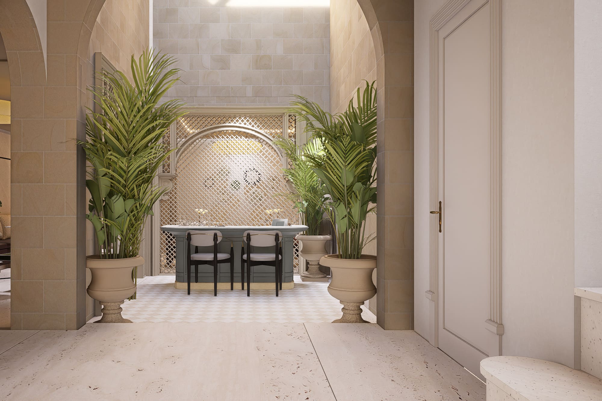 Modern hotel lobby with arched entry, elegant bar, and lush indoor palm plants.