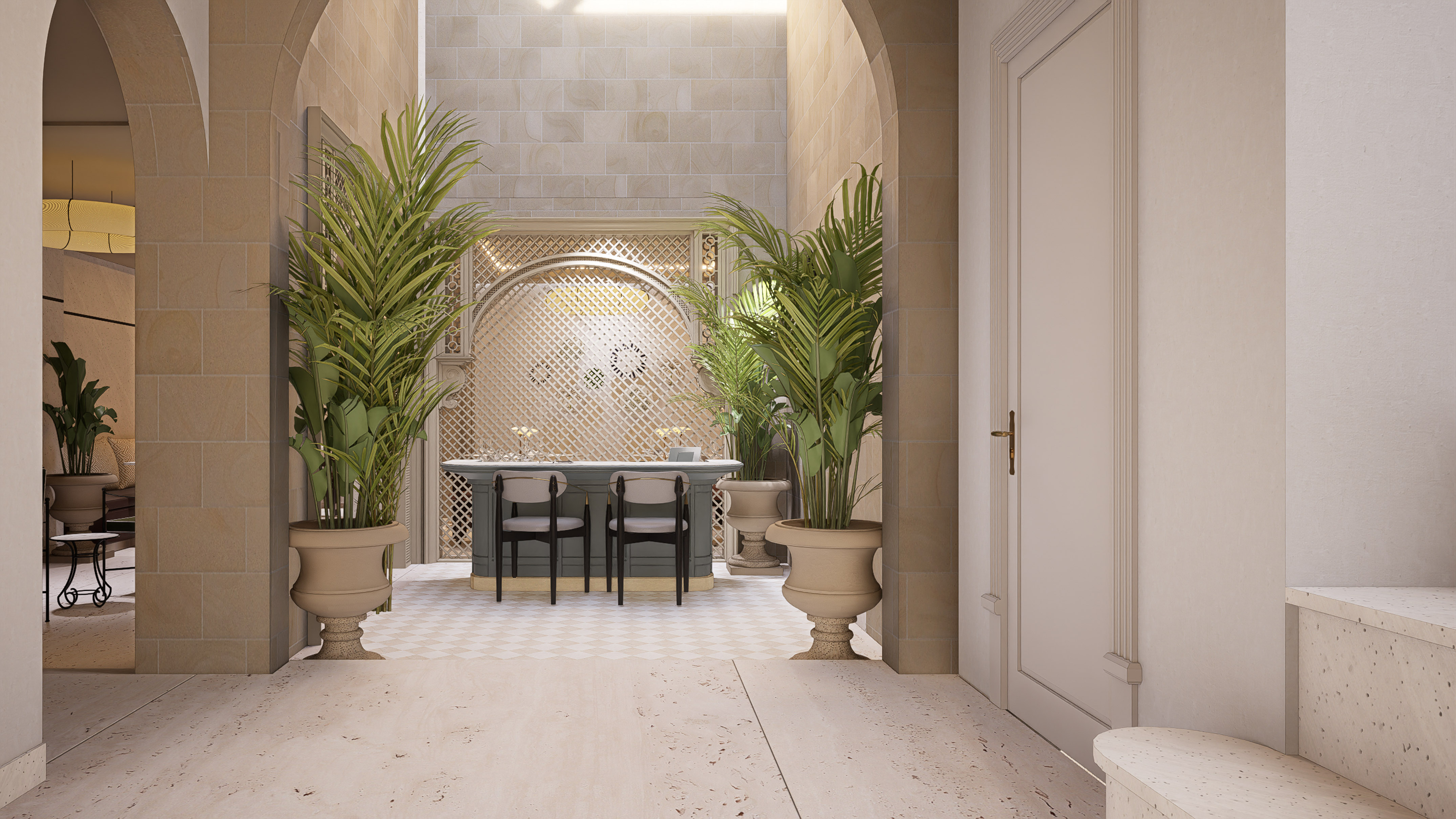 Vestíbulo elegante con arcos, plantas y barra de diseño mediterráneo.