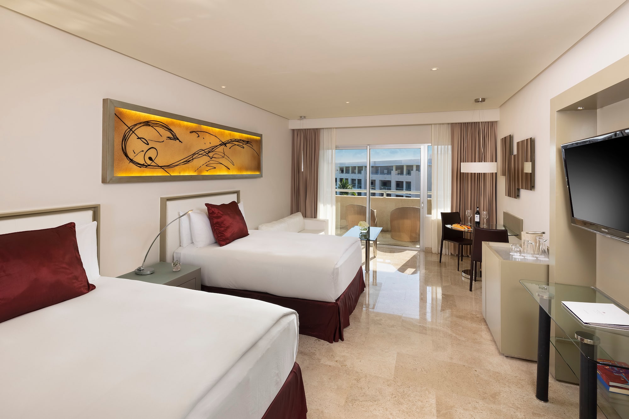 a hotel room with two beds