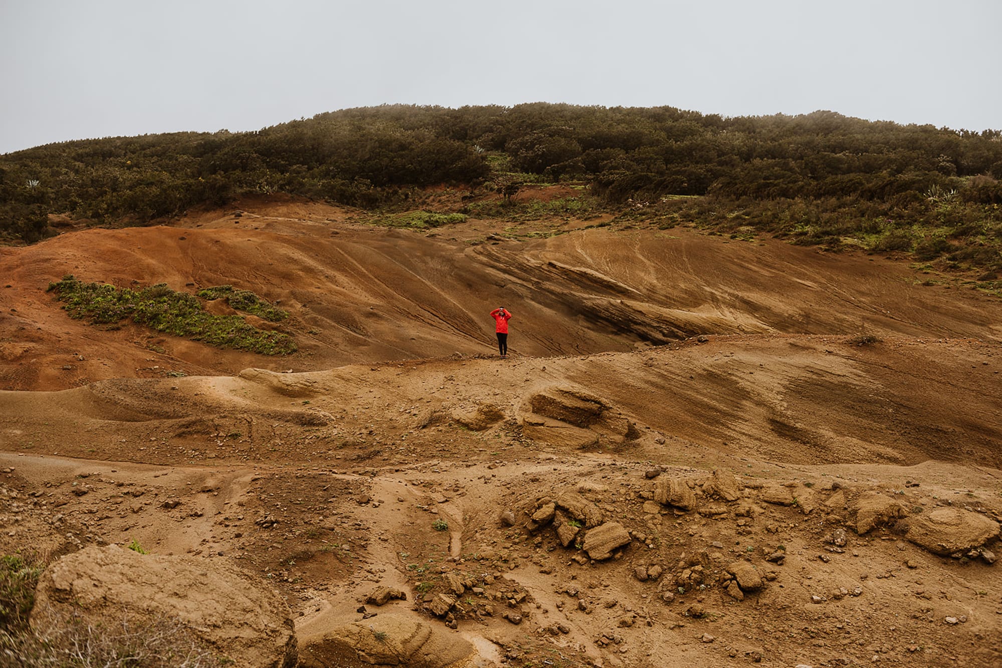 Hiker in red jacket on vast, eroded red and brown landscape.