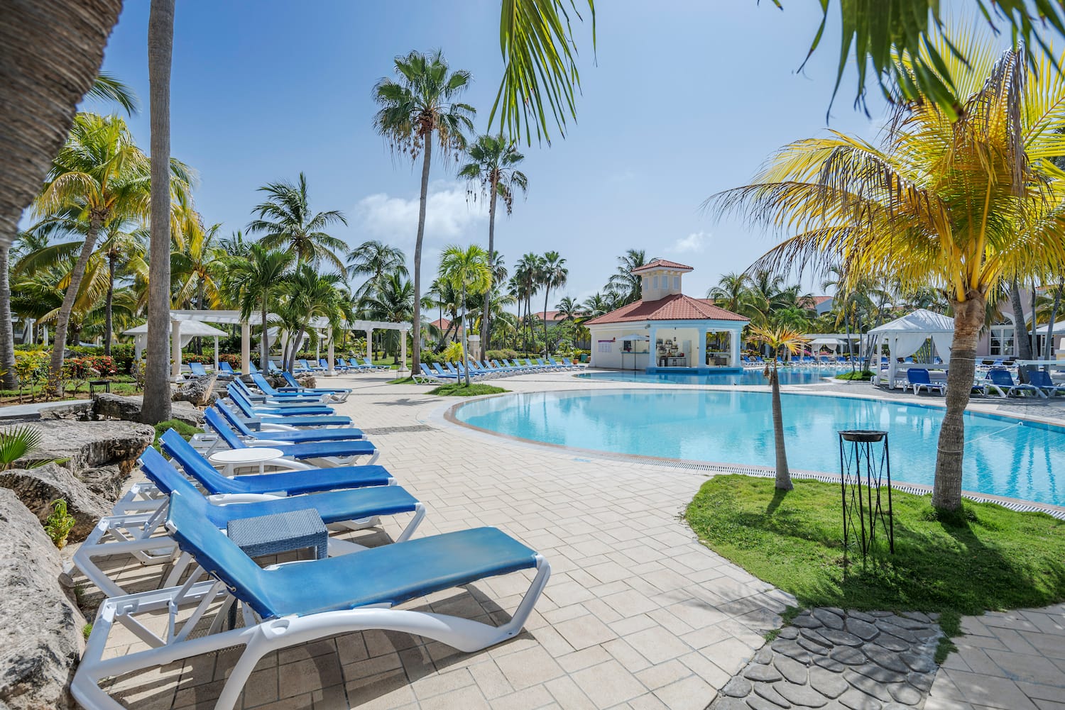 a pool with lounge chairs and palm trees