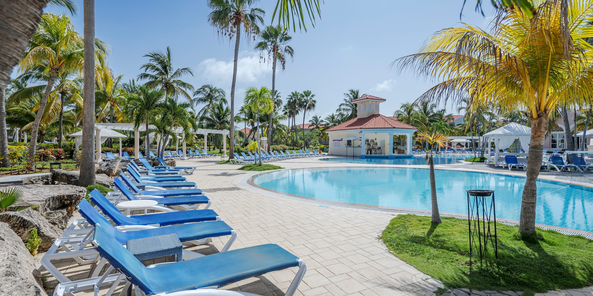 a pool with lounge chairs and palm trees