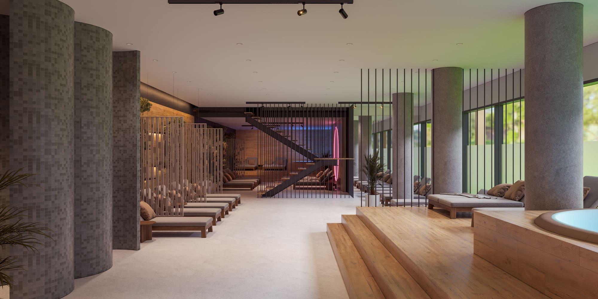 a room with stairs and seating