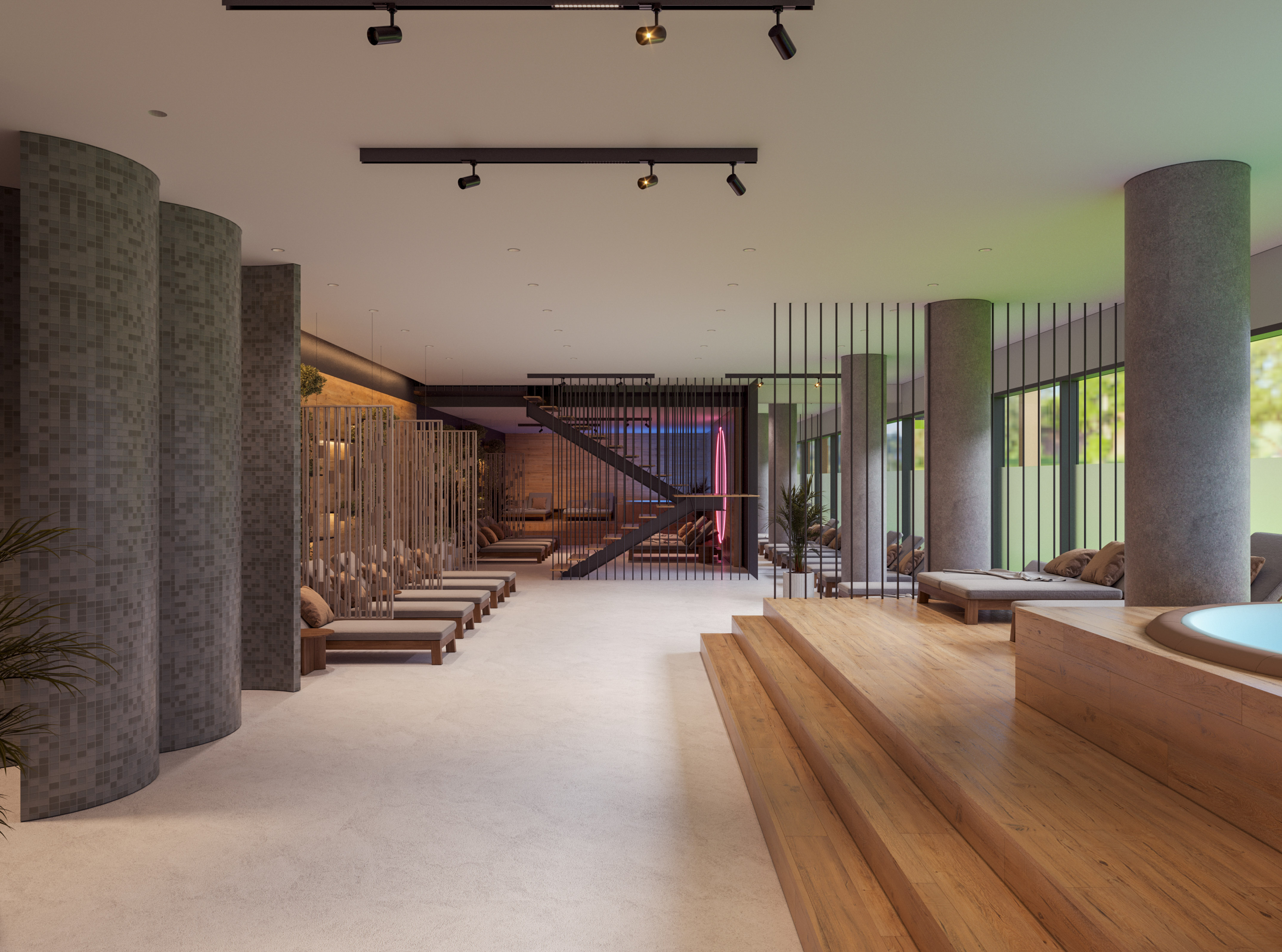 a room with stairs and seating