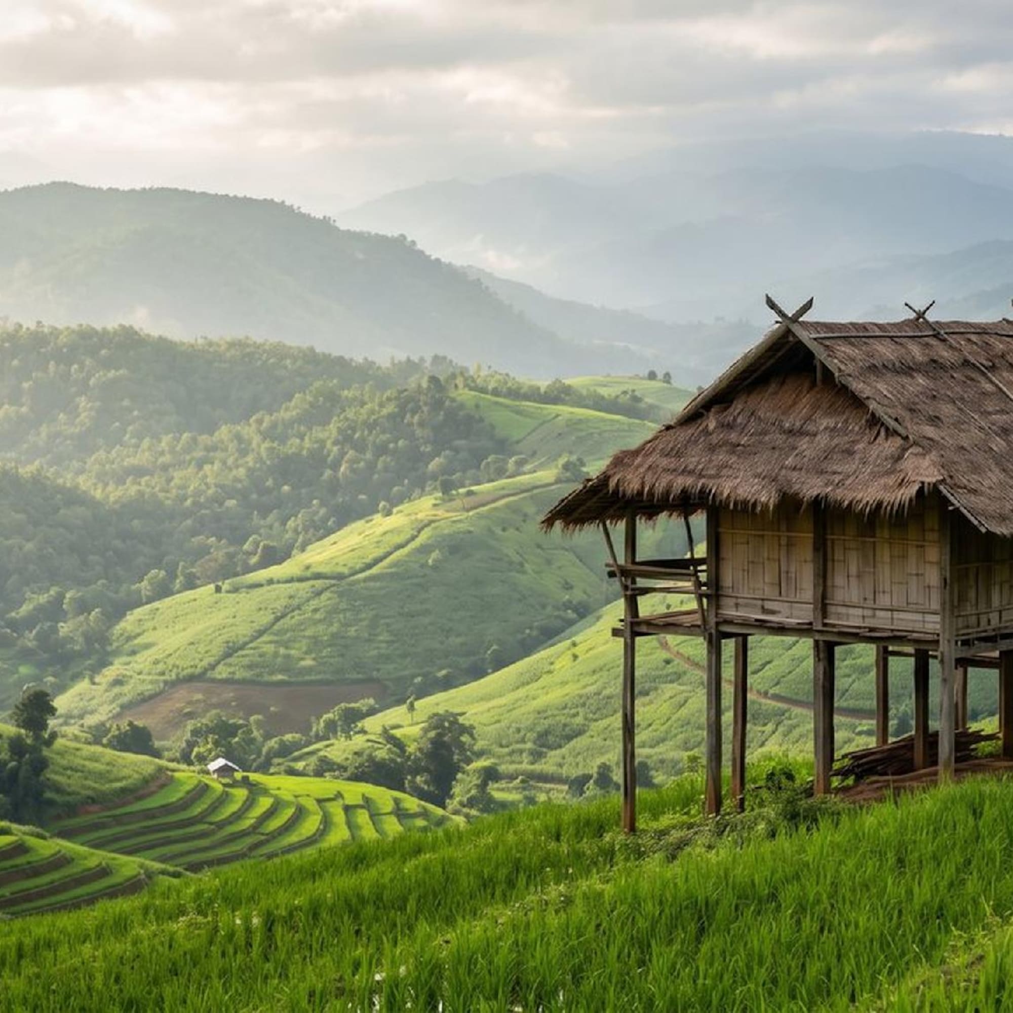 Traditional stilt hut with thatched roof overlooking green rice terraces and mountains.
