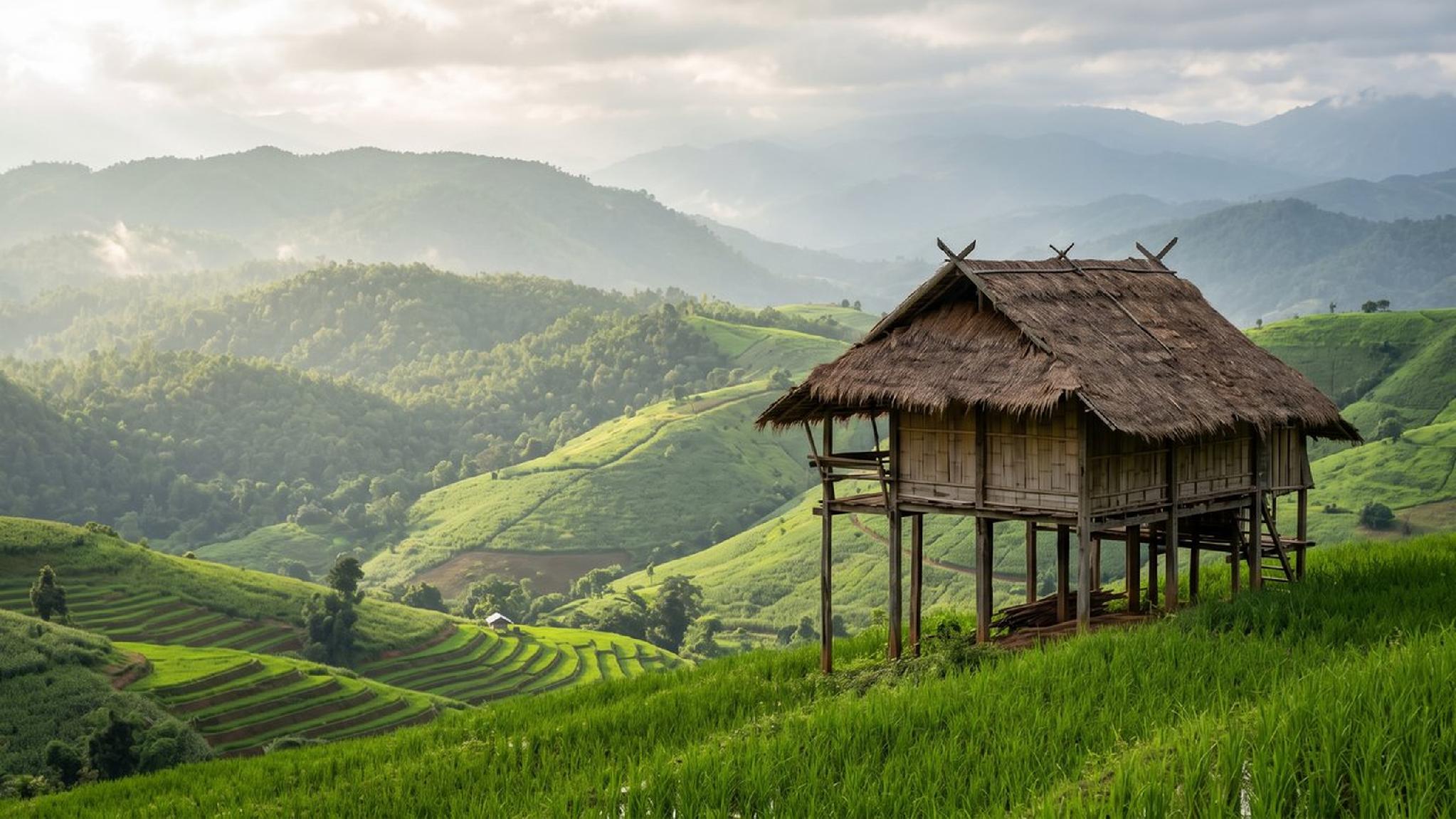 Traditional stilt hut with thatched roof overlooking green rice terraces and mountains.