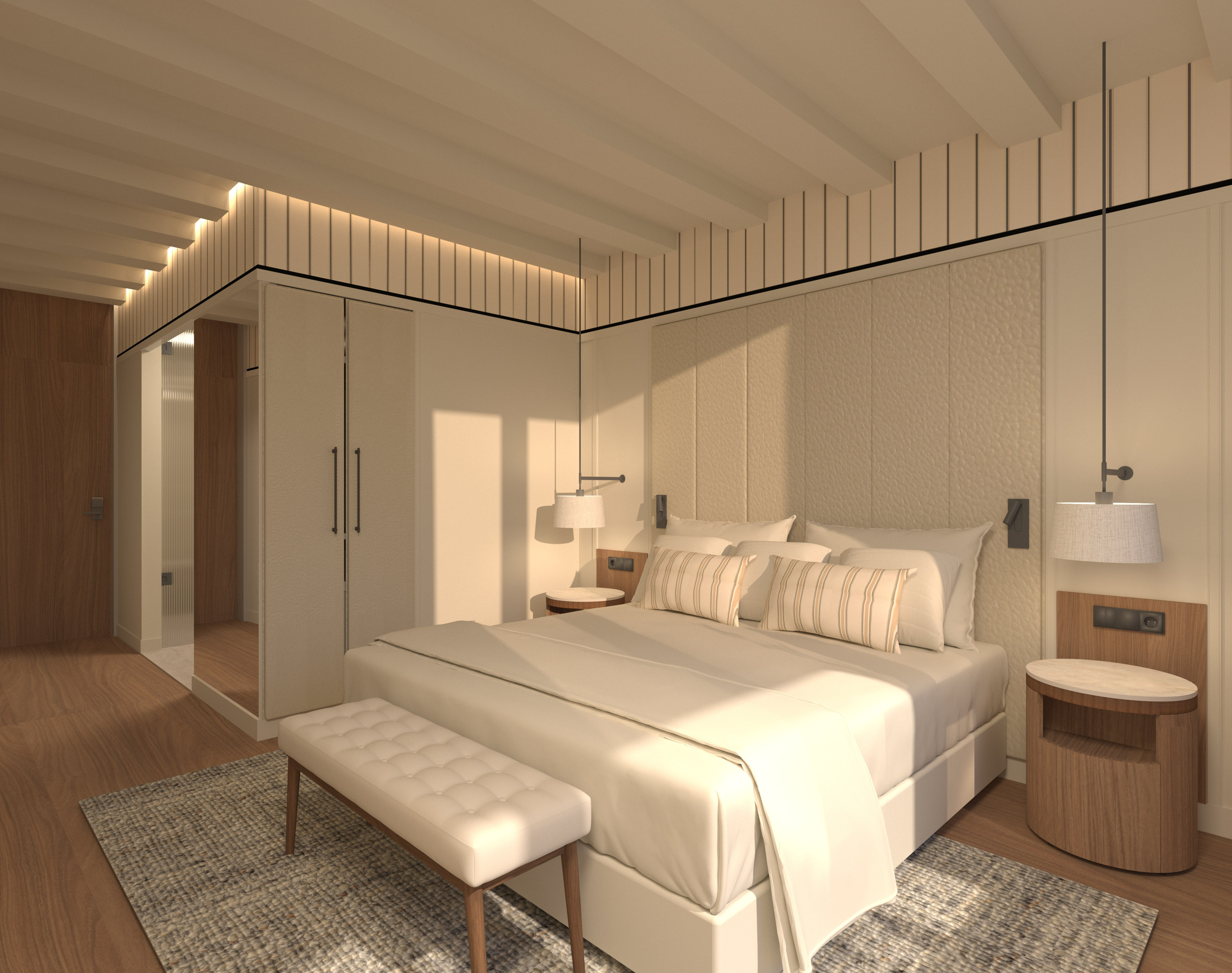 تصميم غرفة نوم عصرية بألوان بيج دافئة وإضاءة هادئة - Deluxe Room مع حديقة - Hotel Golf Santa Ponsa Meliá Collection, مايوركا
