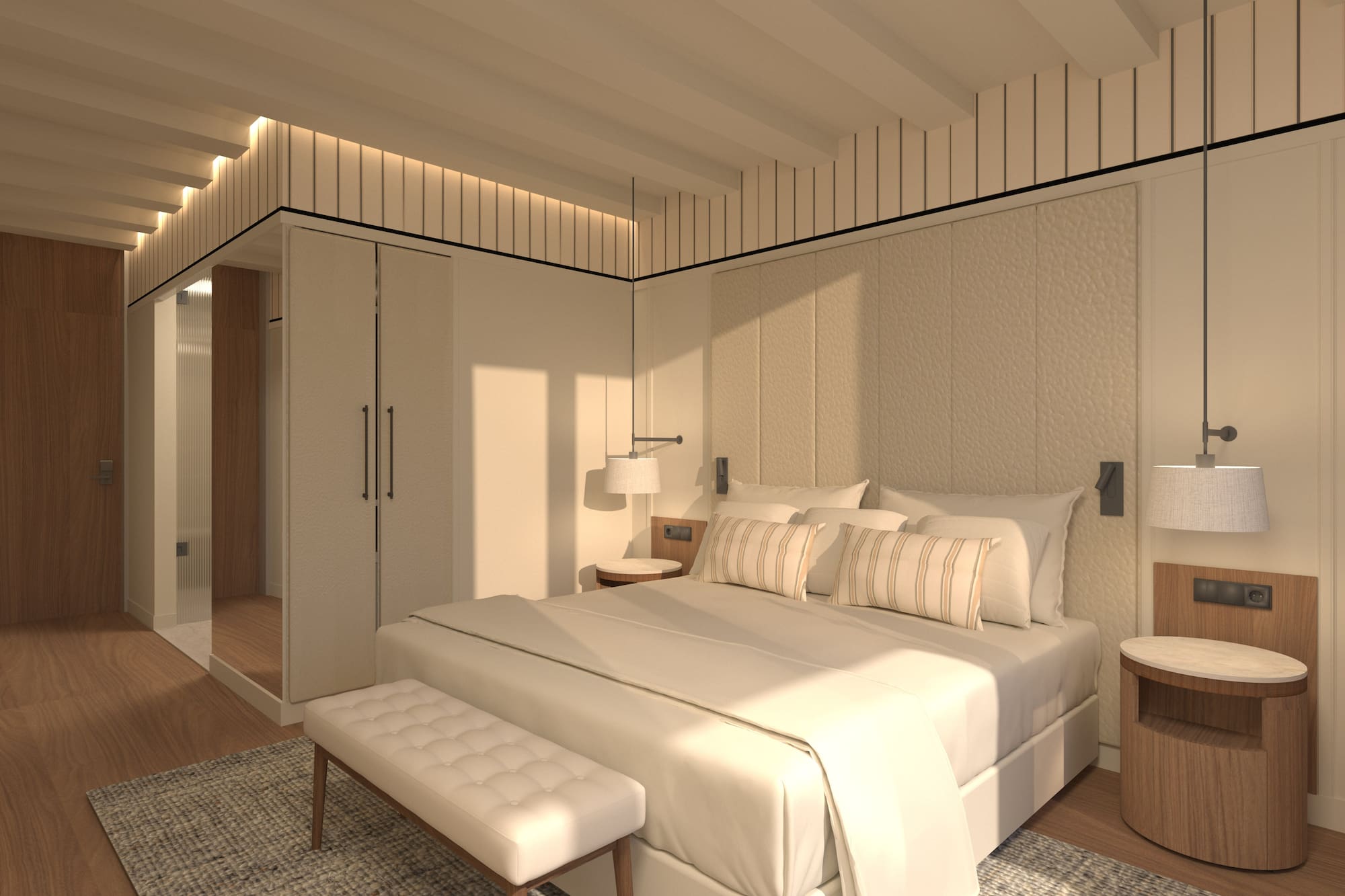 Dormitorio moderno en tonos beige con cama de matrimonio, mesitas de noche de madera y luces colgantes. - Deluxe Room con Jardín - Hotel Golf Santa Ponsa Meliá Collection, Mallorca