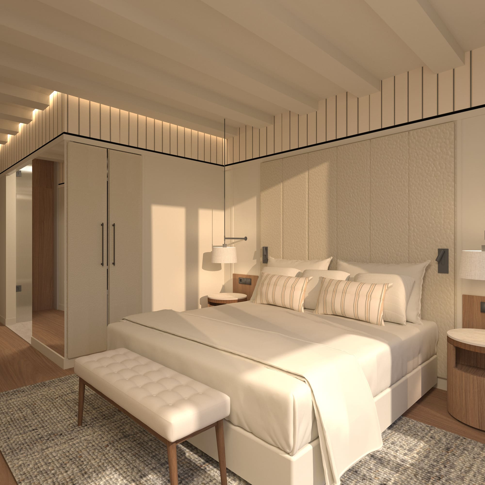 Modernes Hotelzimmer mit hellem Doppelbett, Holznachttischen und indirekter Beleuchtung - Deluxe Room mit Garten - Hotel Golf Santa Ponsa Meliá Collection, Mallorca