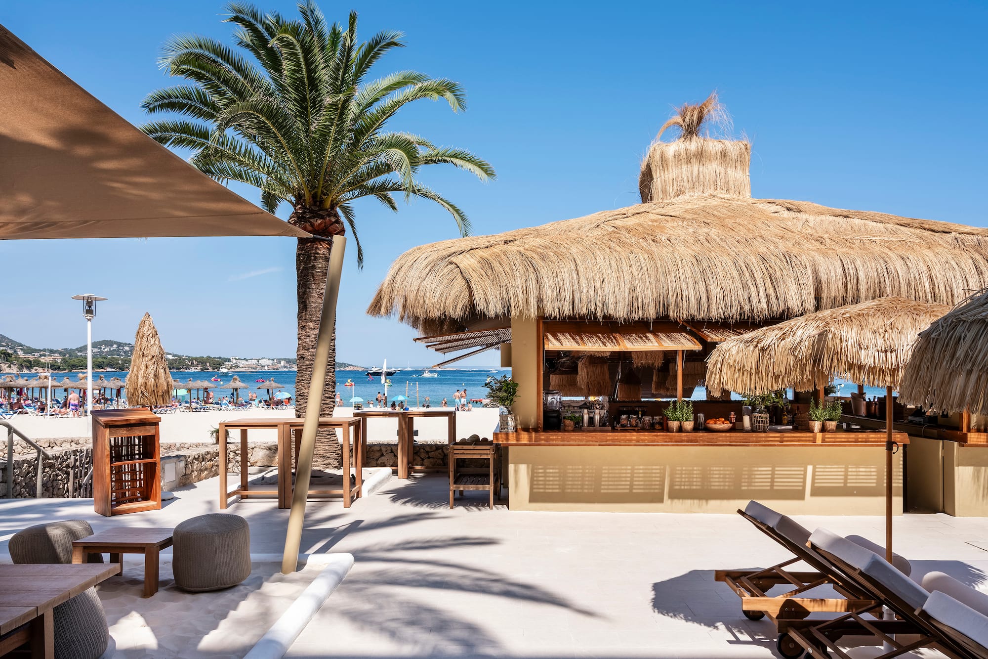 eine Strandbar mit Palmen und Stühlen