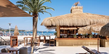 a beach bar with palm trees and chairs