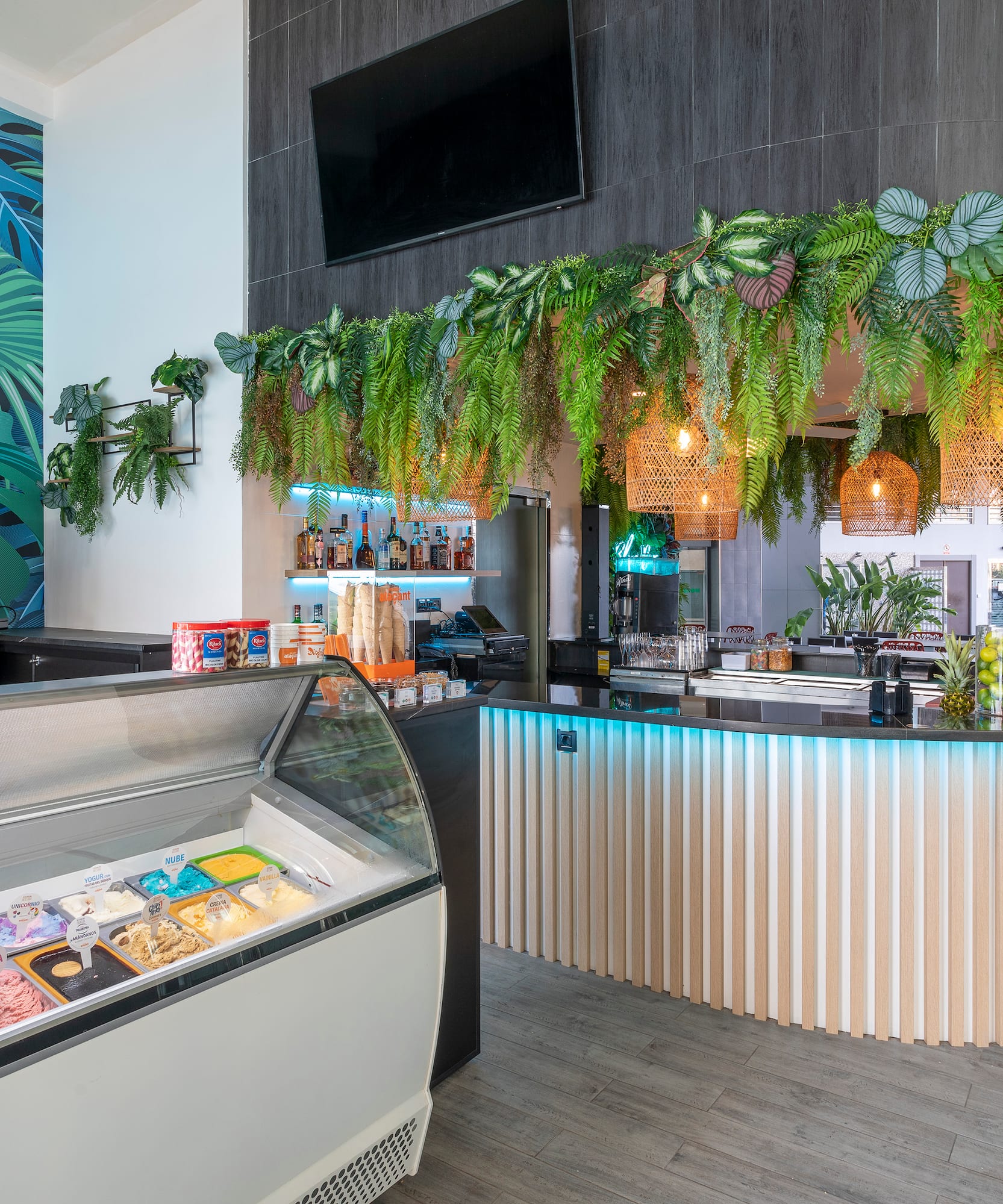 a counter with plants over it