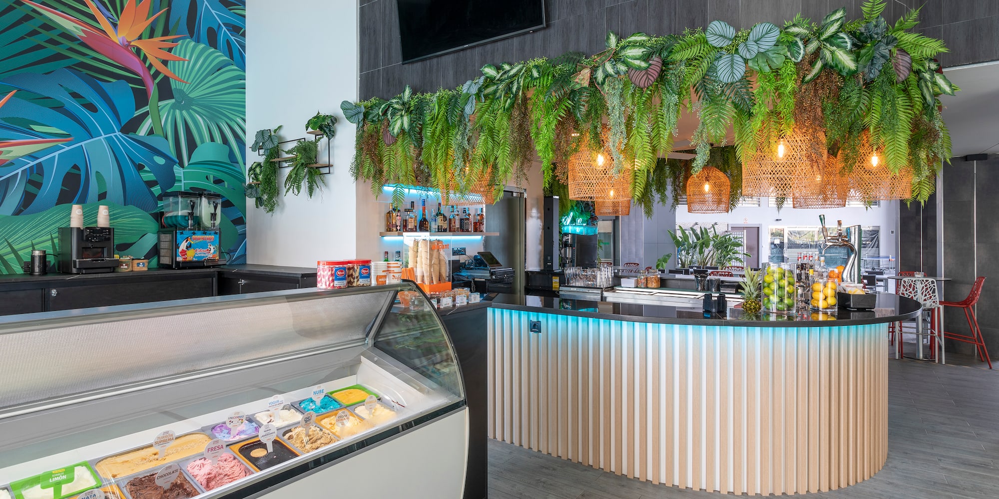 a counter with plants over it