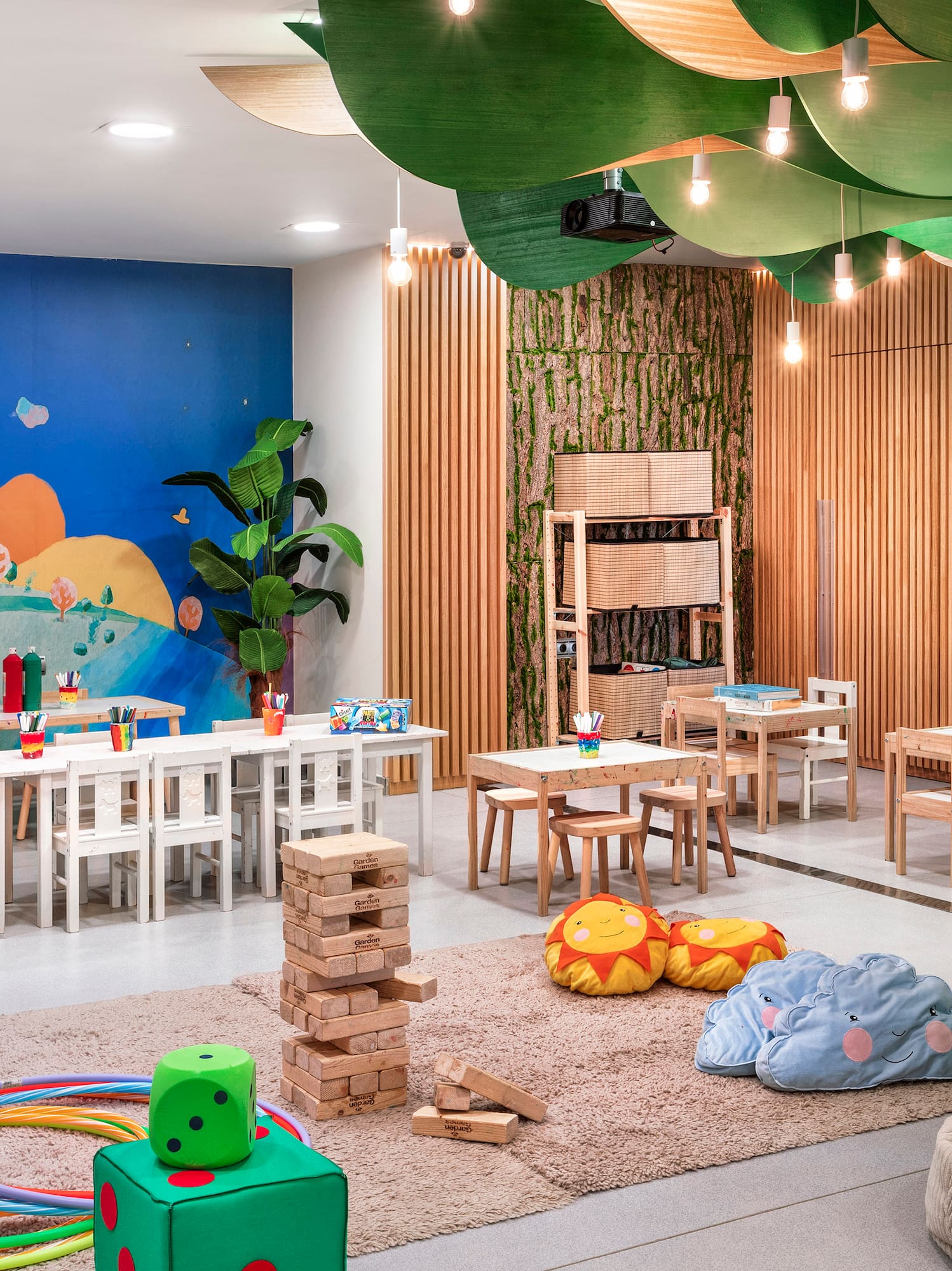 a room with a large group of tables and chairs