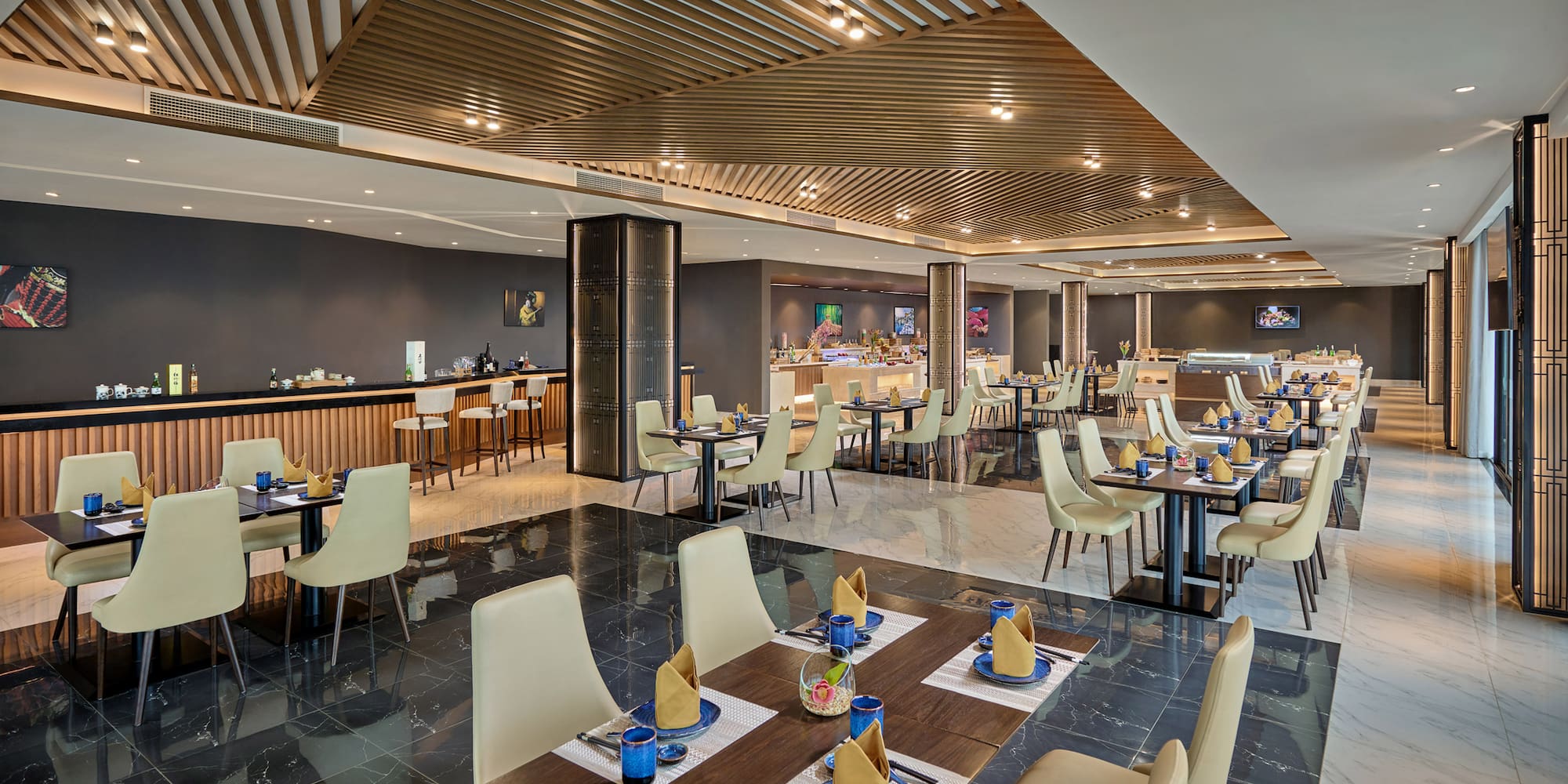 a restaurant with tables and chairs