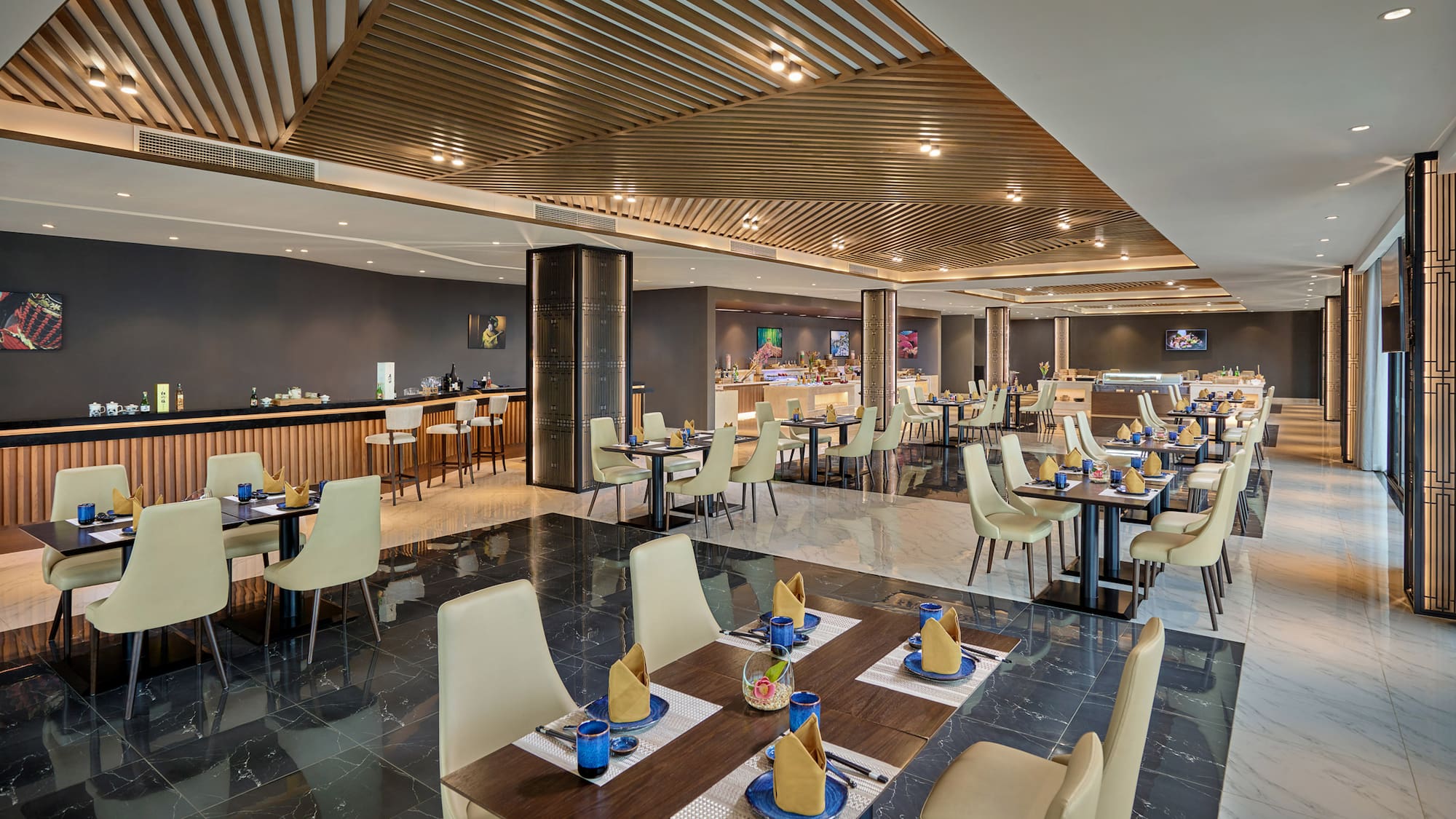 a restaurant with tables and chairs