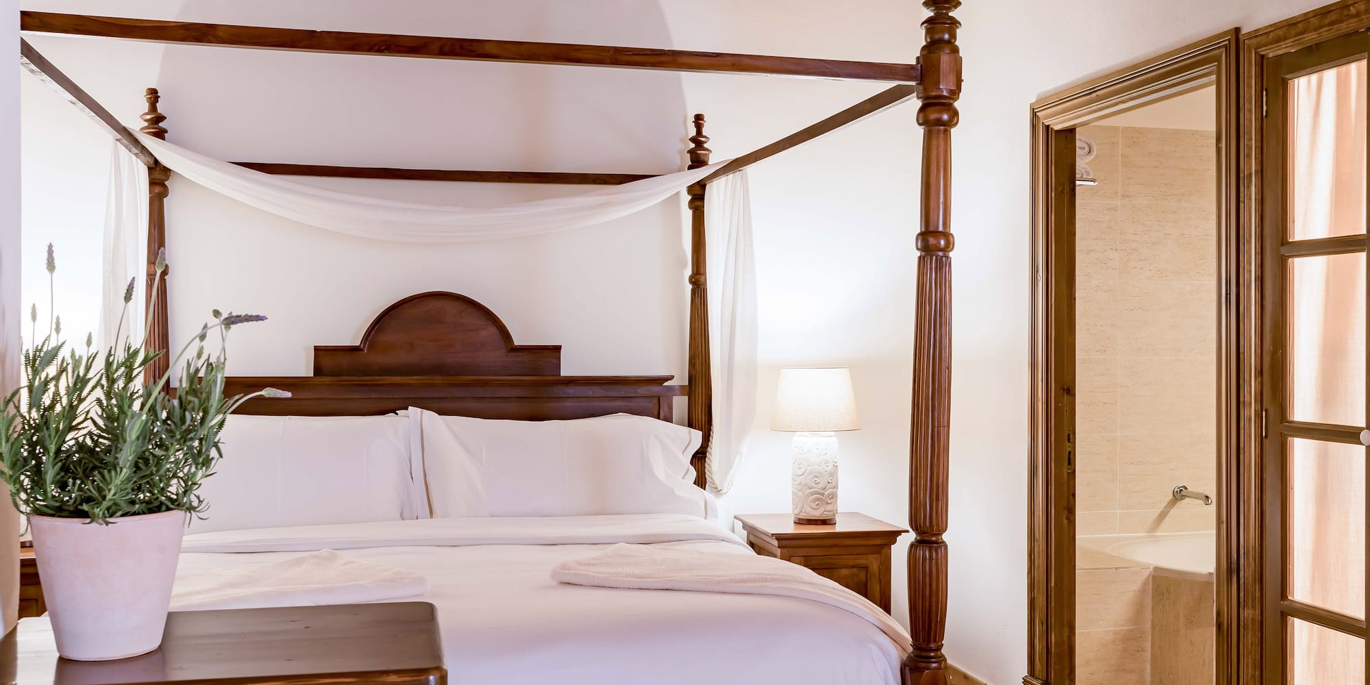 a bed with a canopy and a shower