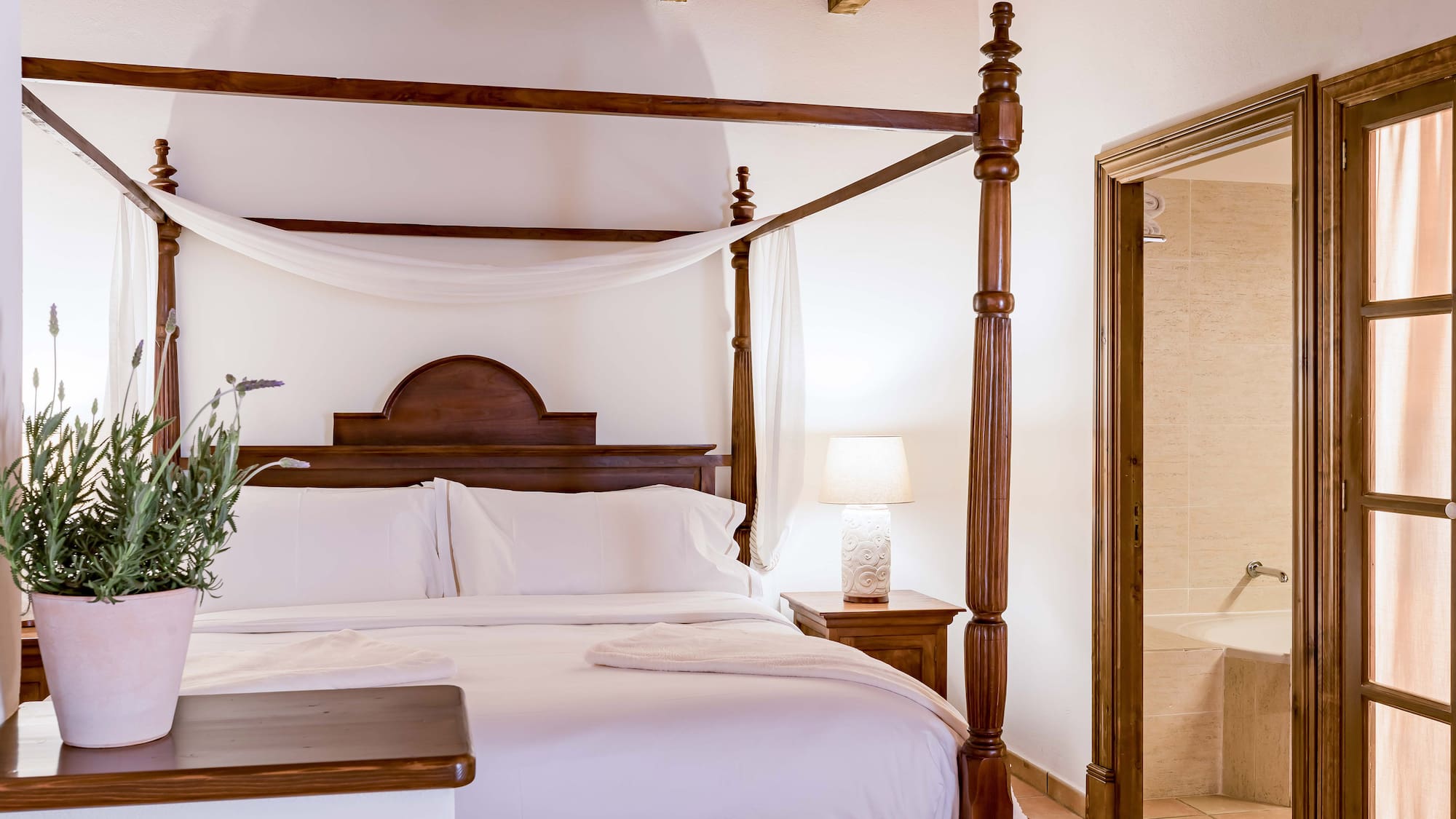 a bed with a canopy and a shower