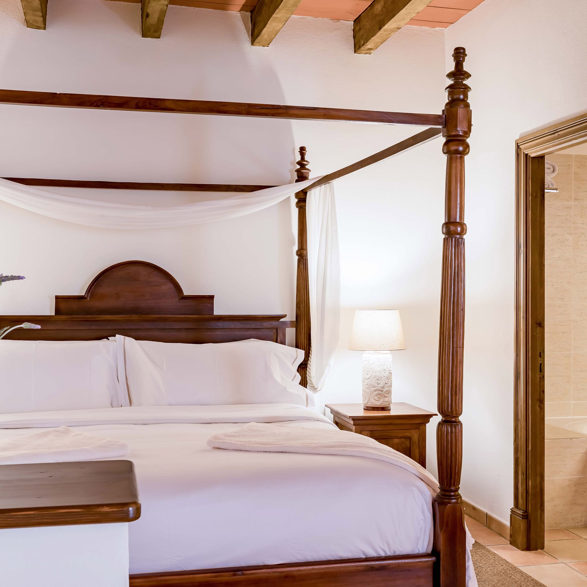 a bed with a canopy and a shower